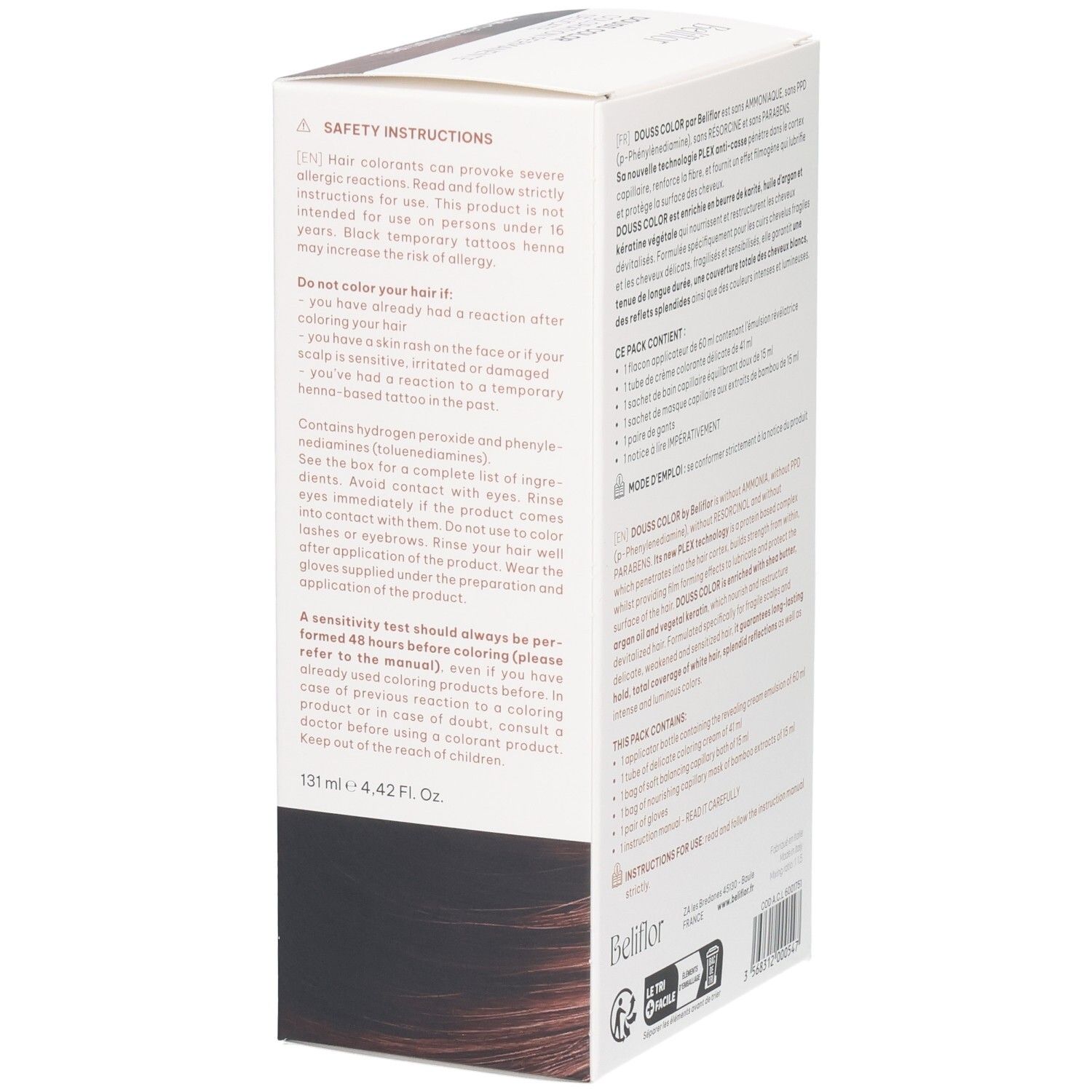 Emballage Beliflor Douss Color N°104 Châtain Naturel, verso avec consignes de sécurité.