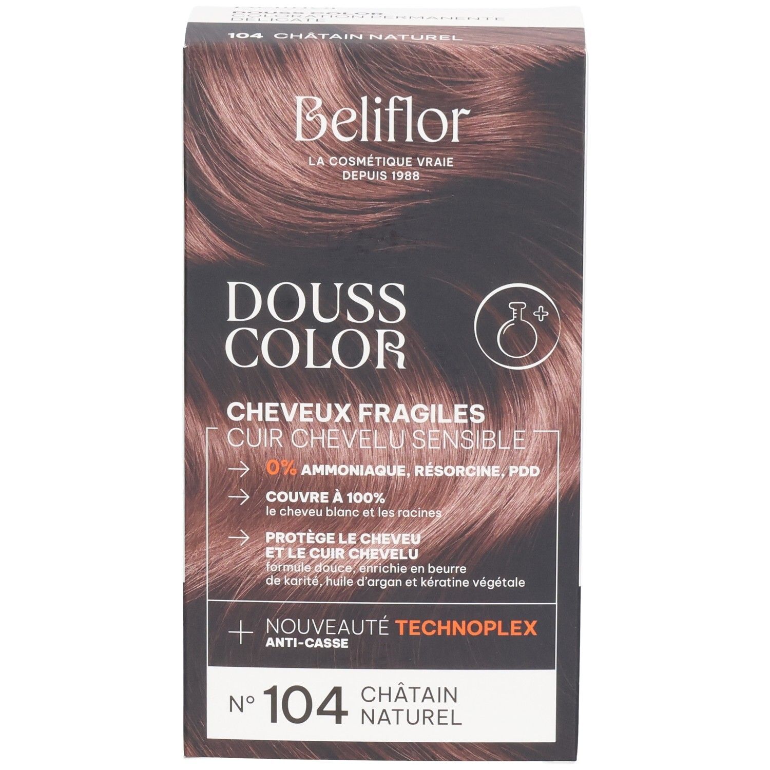 Emballage Beliflor Douss Color N°104 Châtain Naturel avec image de couleur.