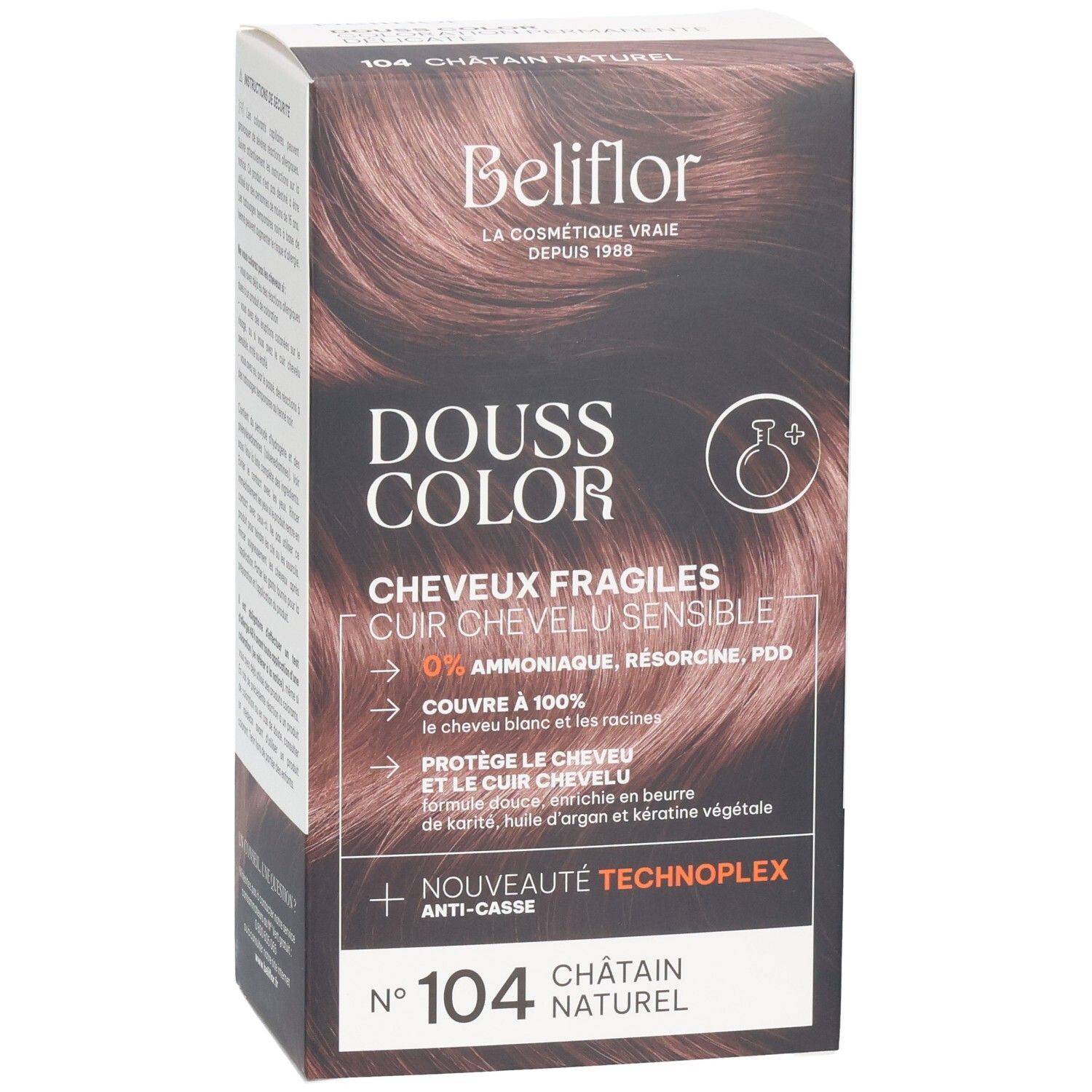 Emballage Beliflor Douss Color N°104 Châtain Naturel, face avant avec informations produit.