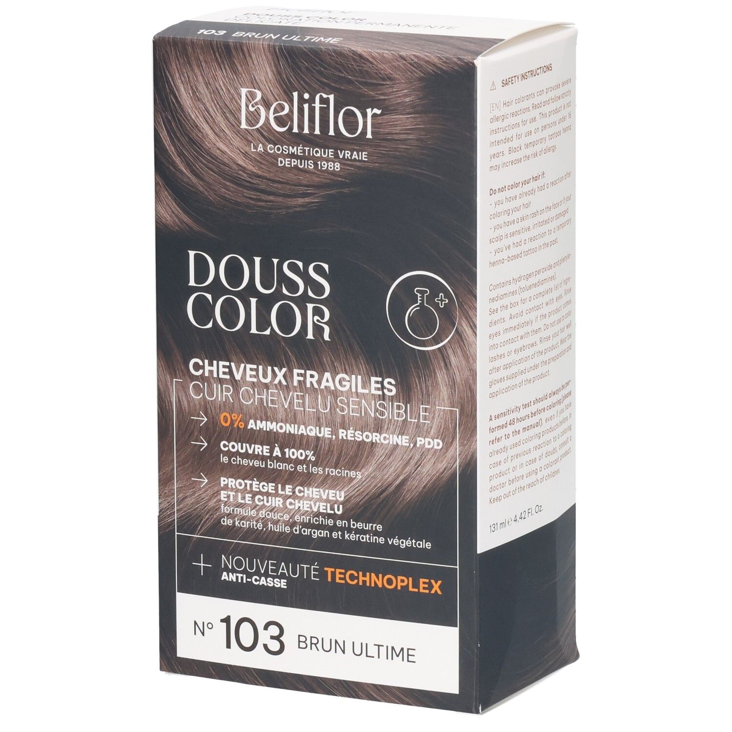 Beliflor Douss Color N°103 Brun Ultime coloration pour cheveux fragiles et cuir chevelu sensible.