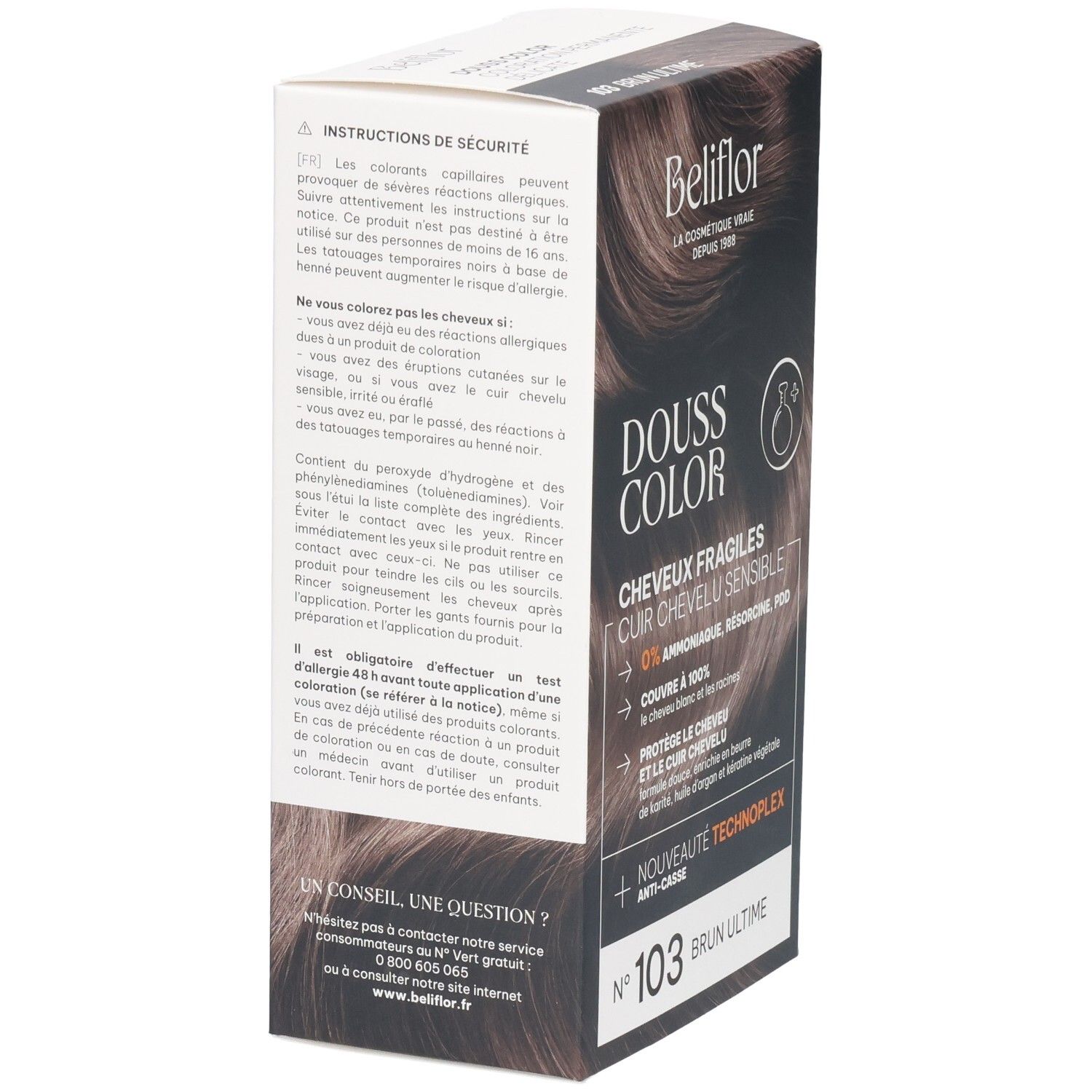 Arrière de la boîte Beliflor Douss Color N°103 Brun Ultime avec instructions d'utilisation.