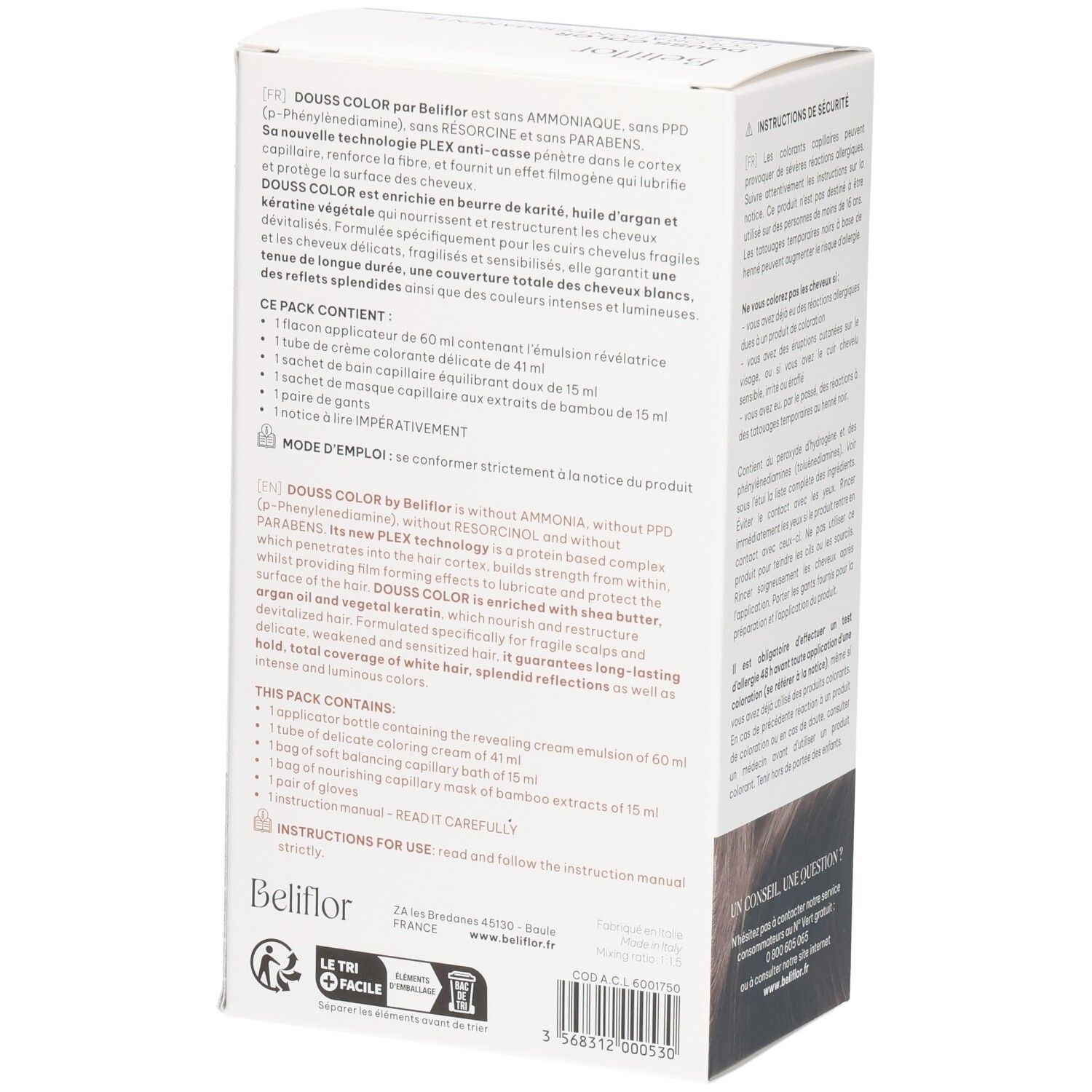 Vue latérale de la boîte Beliflor Douss Color N°103 Brun Ultime avec liste des ingrédients.