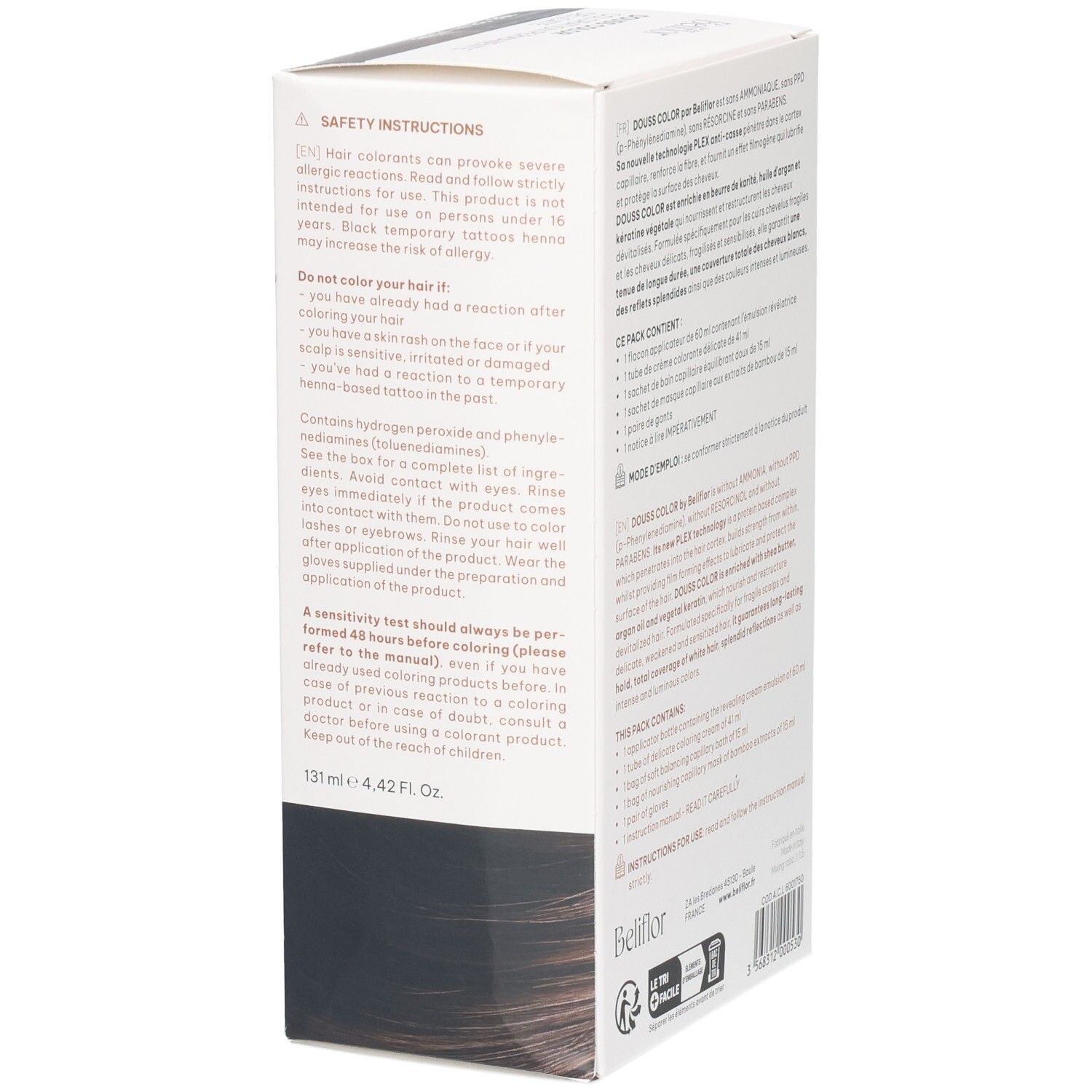 Vue latérale de la boîte Beliflor Douss Color N°103 Brun Ultime avec consignes de sécurité.