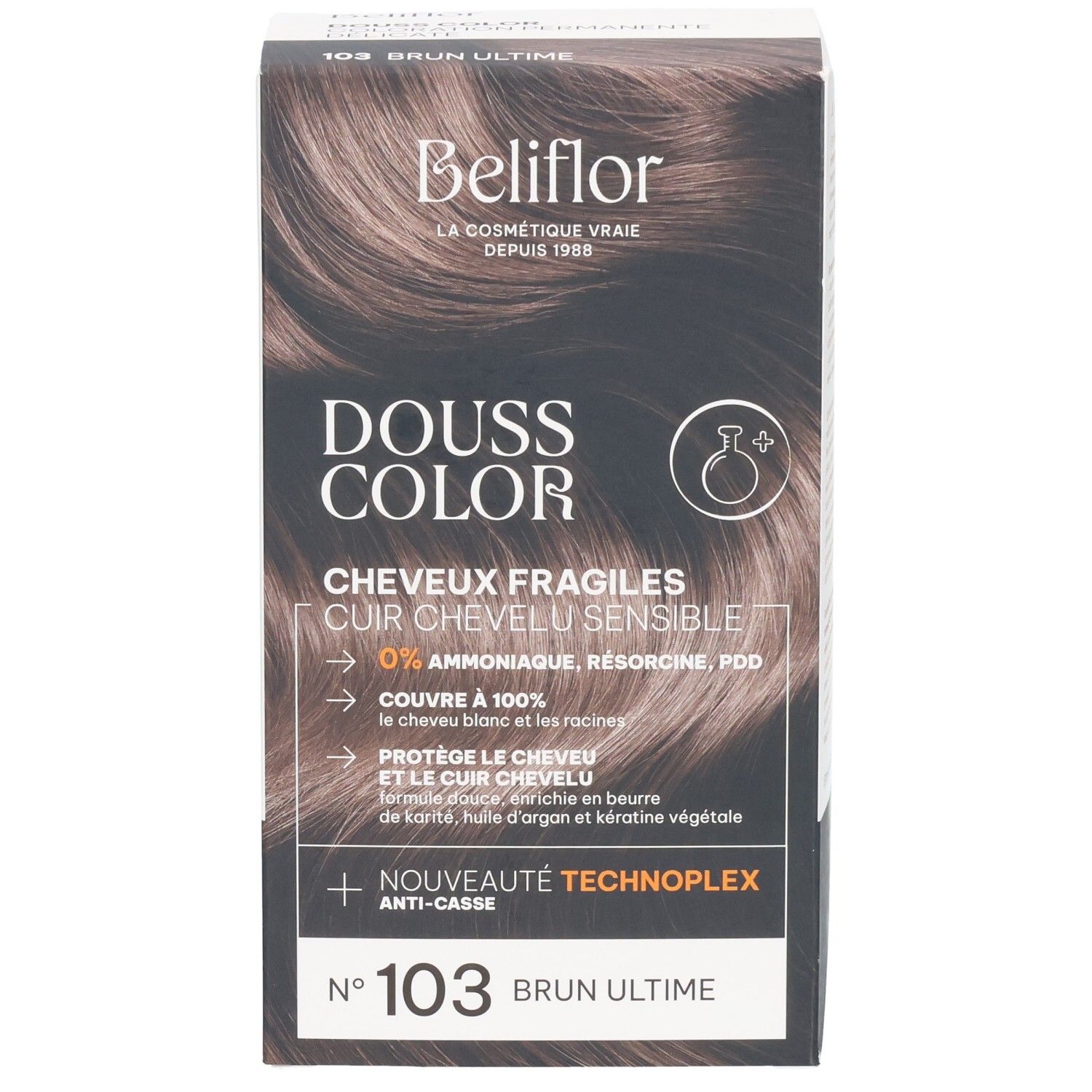 Face avant de la boîte Beliflor Douss Color N°103 Brun Ultime avec visuel produit.