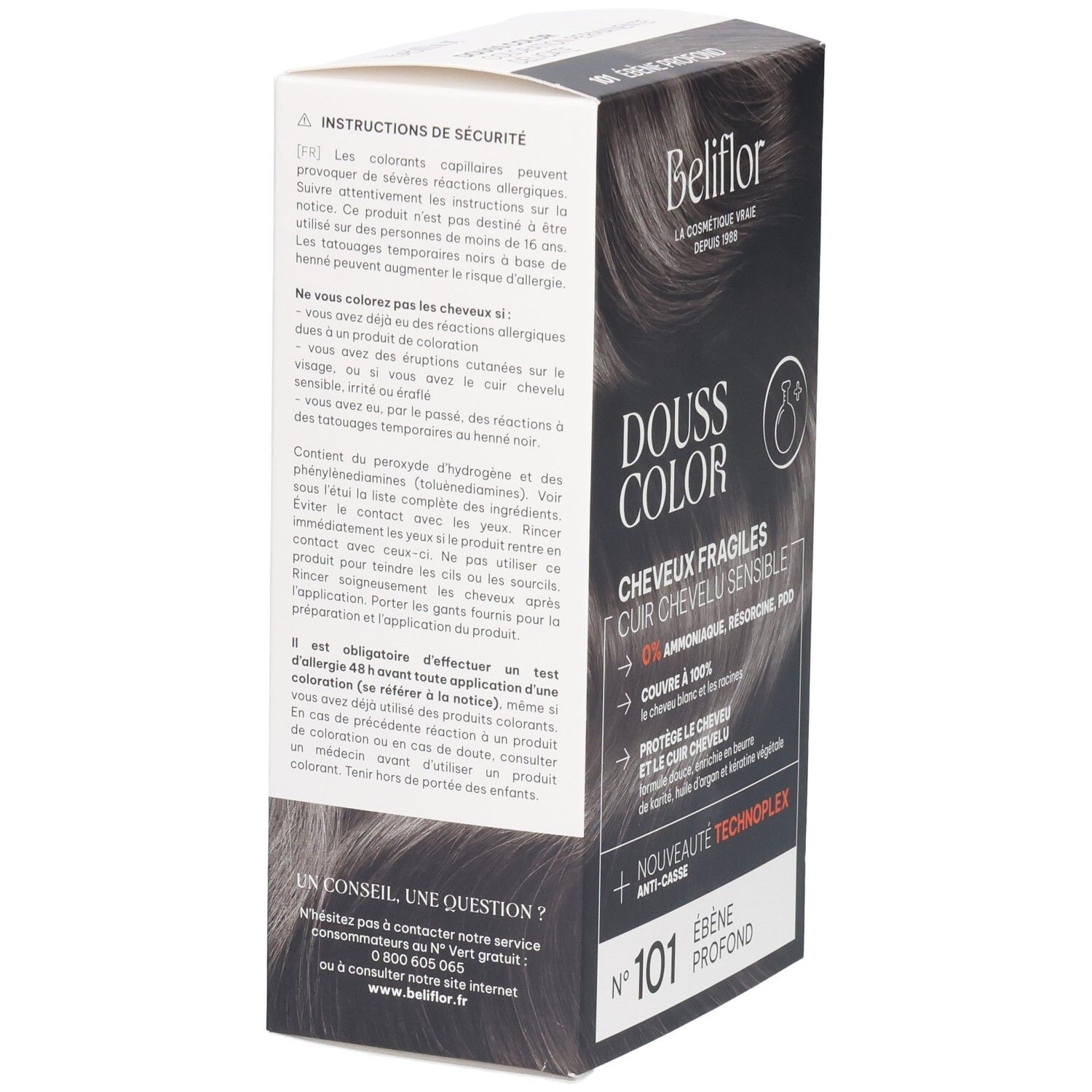 Arrière de l'emballage Beliflor Douss Color n°101 Ébène Profond avec instructions.
