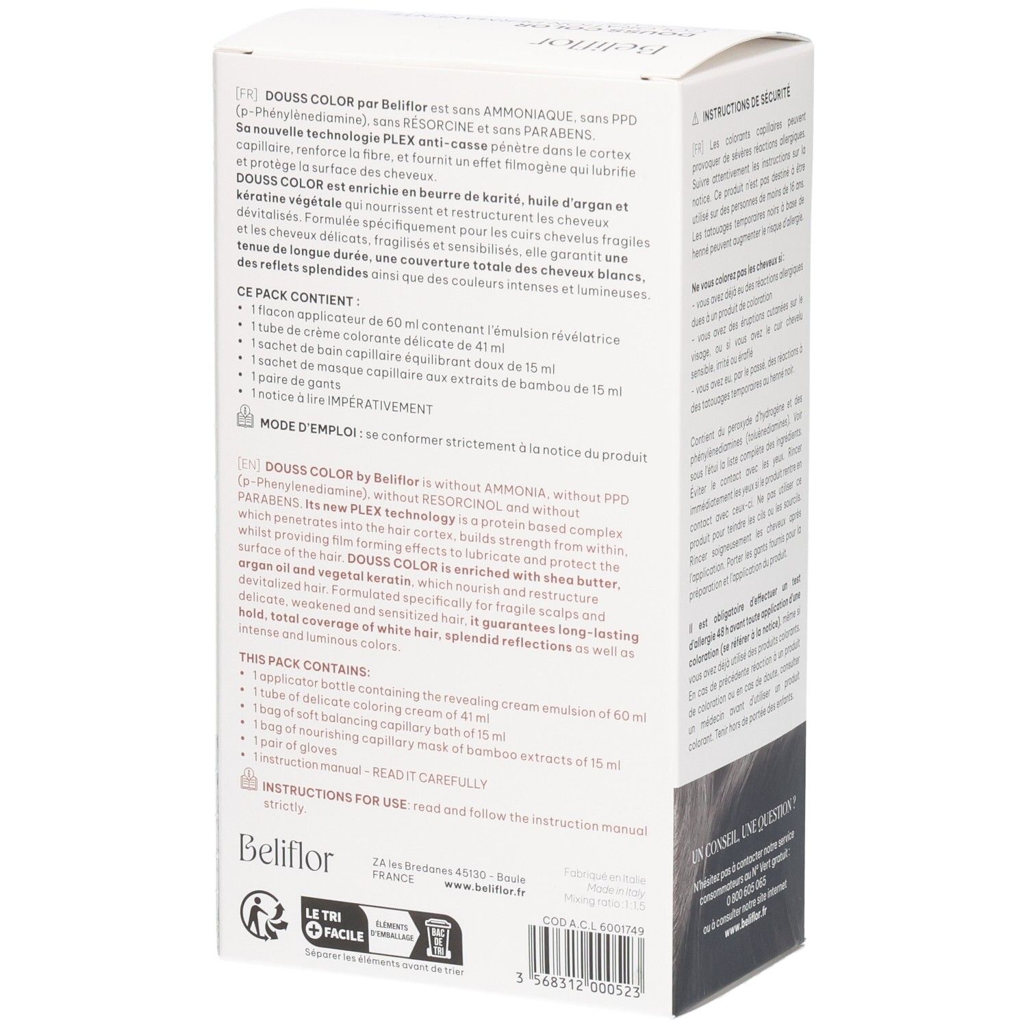 Vue latérale de l'emballage Beliflor Douss Color n°101 Ébène Profond avec liste du contenu.