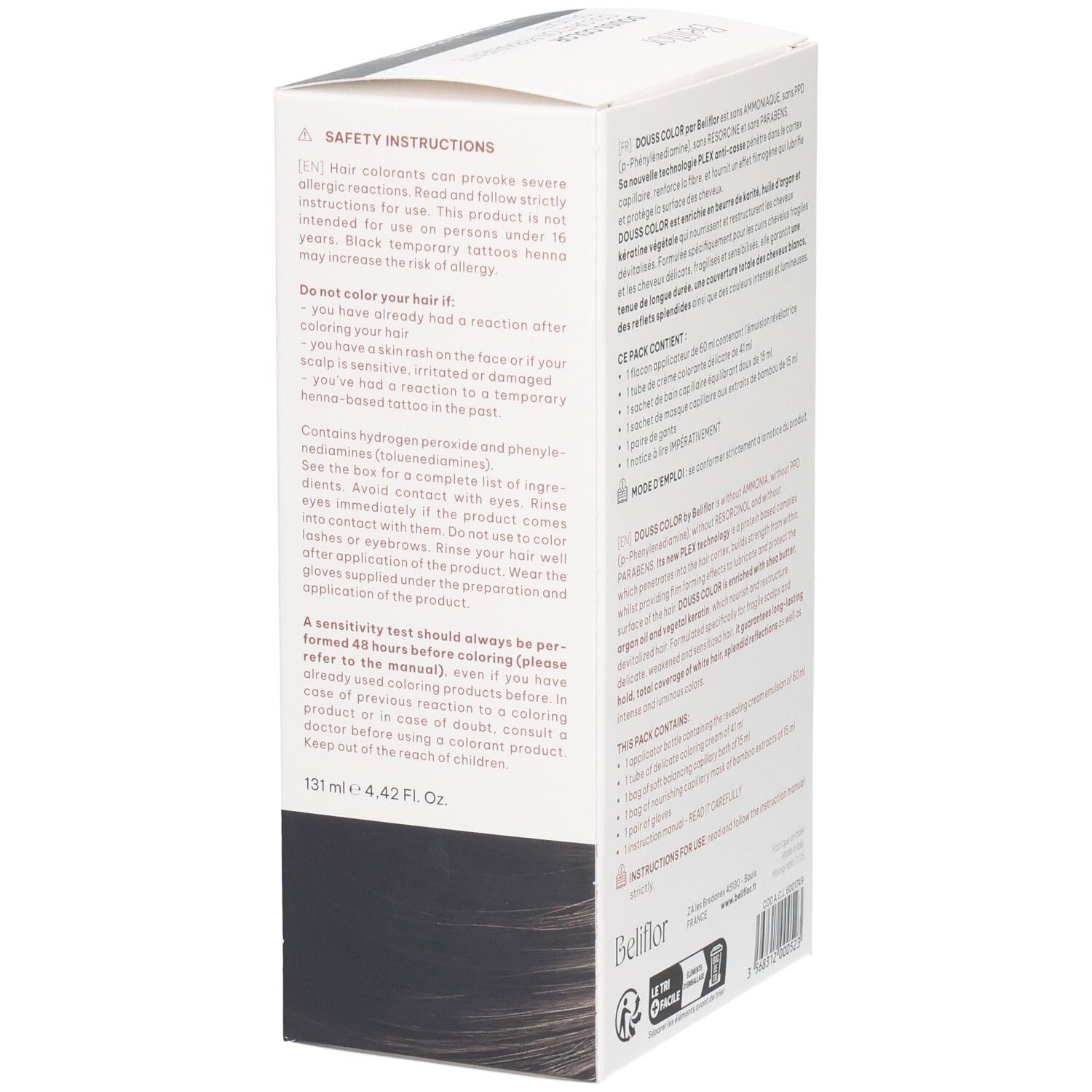 Vue latérale de l'emballage Beliflor Douss Color n°101 Ébène Profond avec consignes de sécurité.