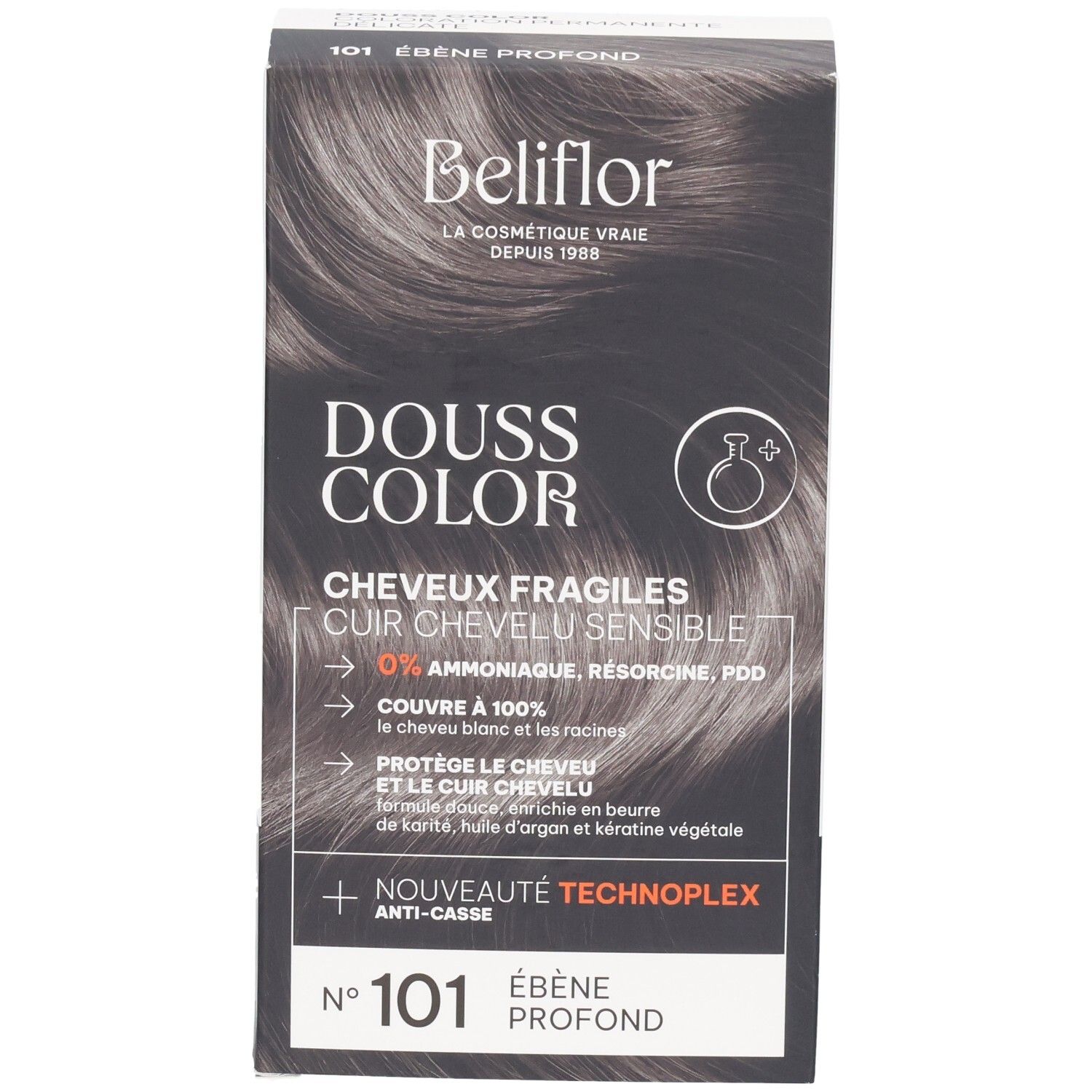 Face avant de l'emballage Beliflor Douss Color n°101 Ébène Profond avec image produit.