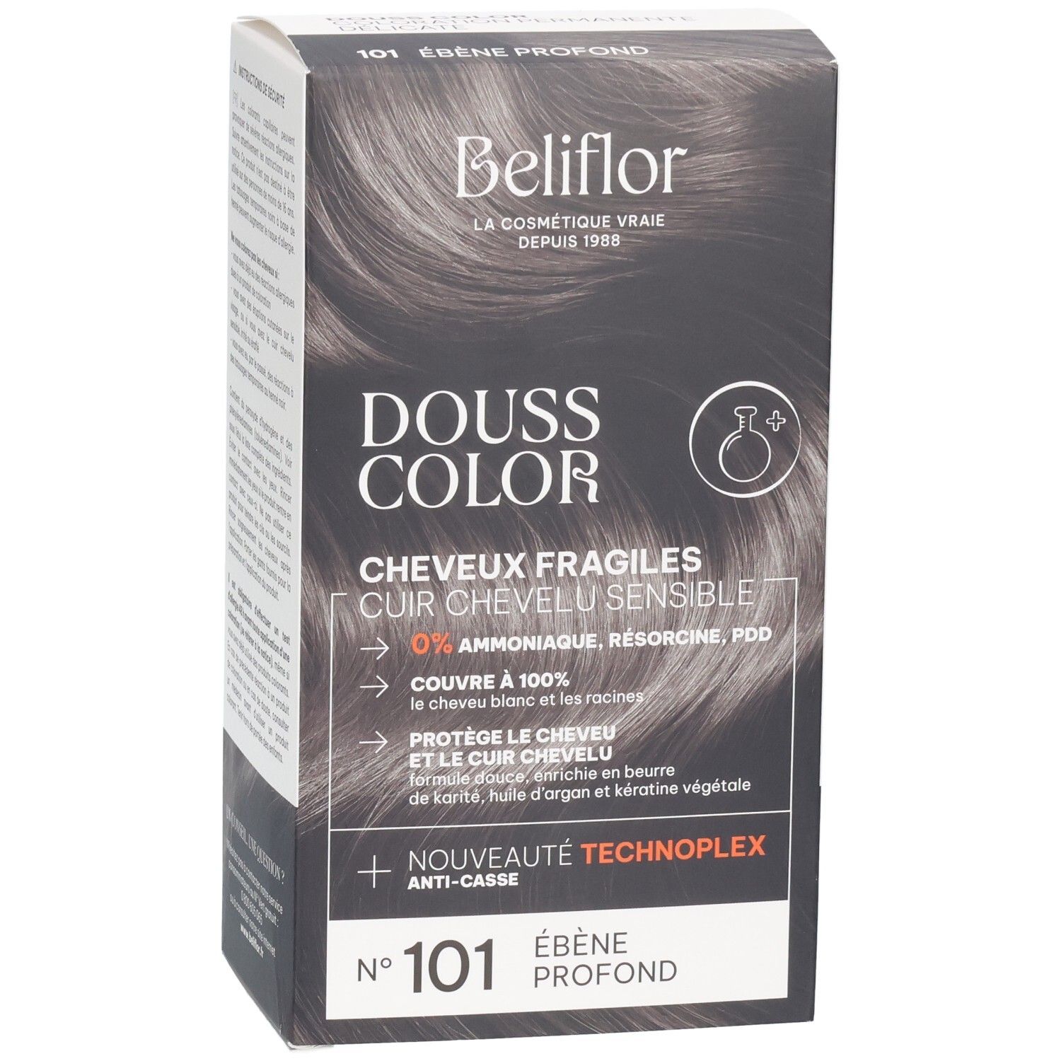 Face avant de l'emballage Beliflor Douss Color n°101 Ébène Profond.