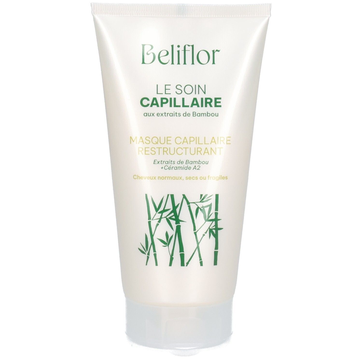 Tube de soin capillaire Beliflor avec extrait de bambou et céramide A2. Illustré de bambous.