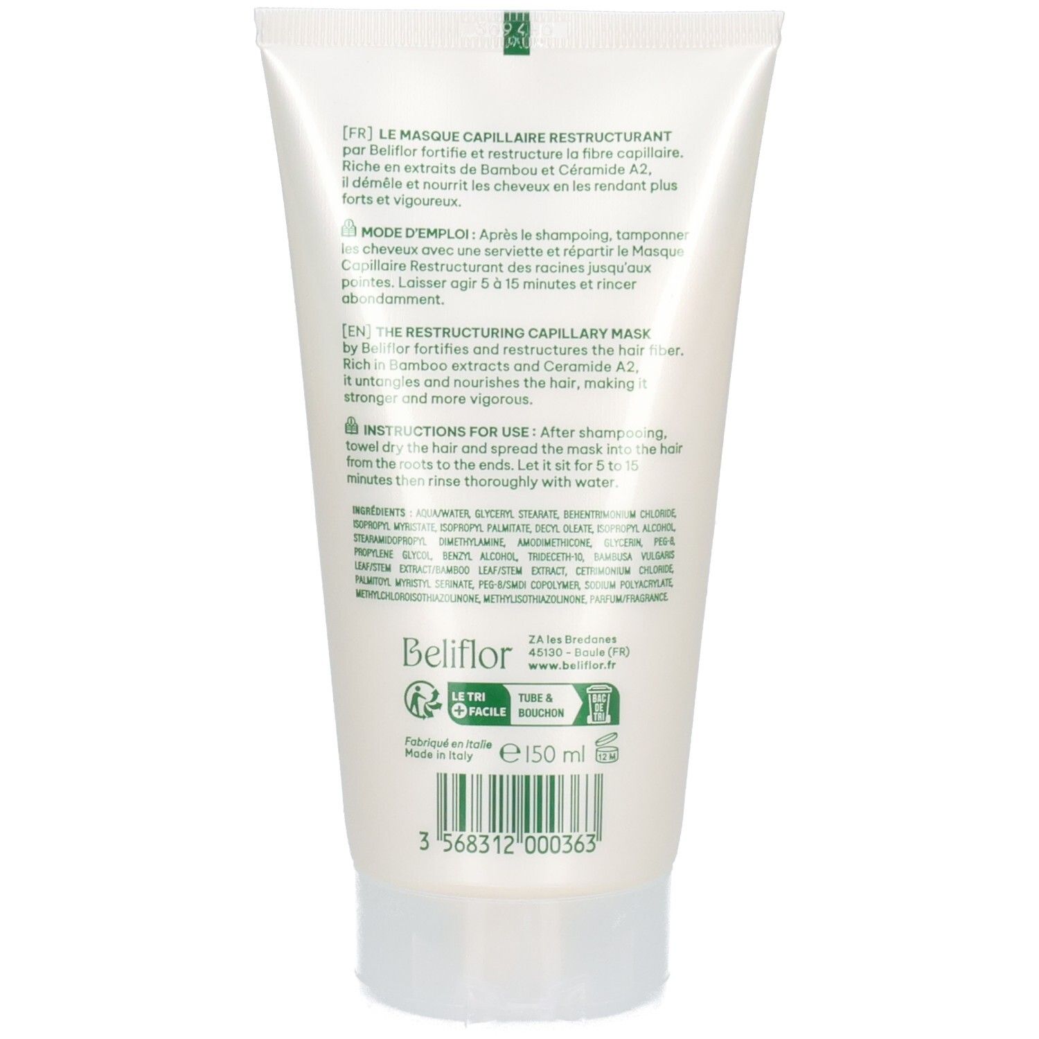 Arrière d'un tube de soin capillaire Beliflor avec instructions et ingrédients. 150 ml.