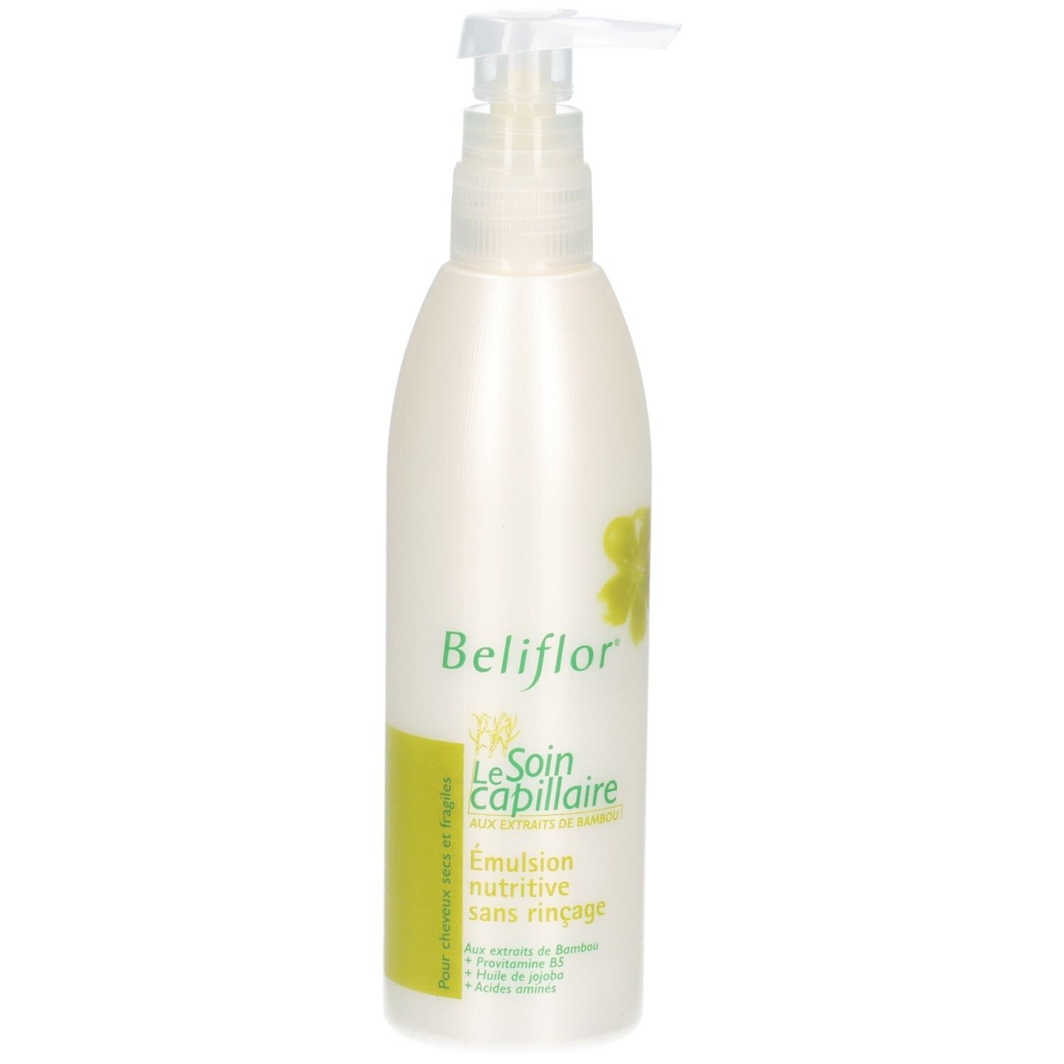 Flacon pompe blanc avec logo Beliflor et mention extrait de bambou.