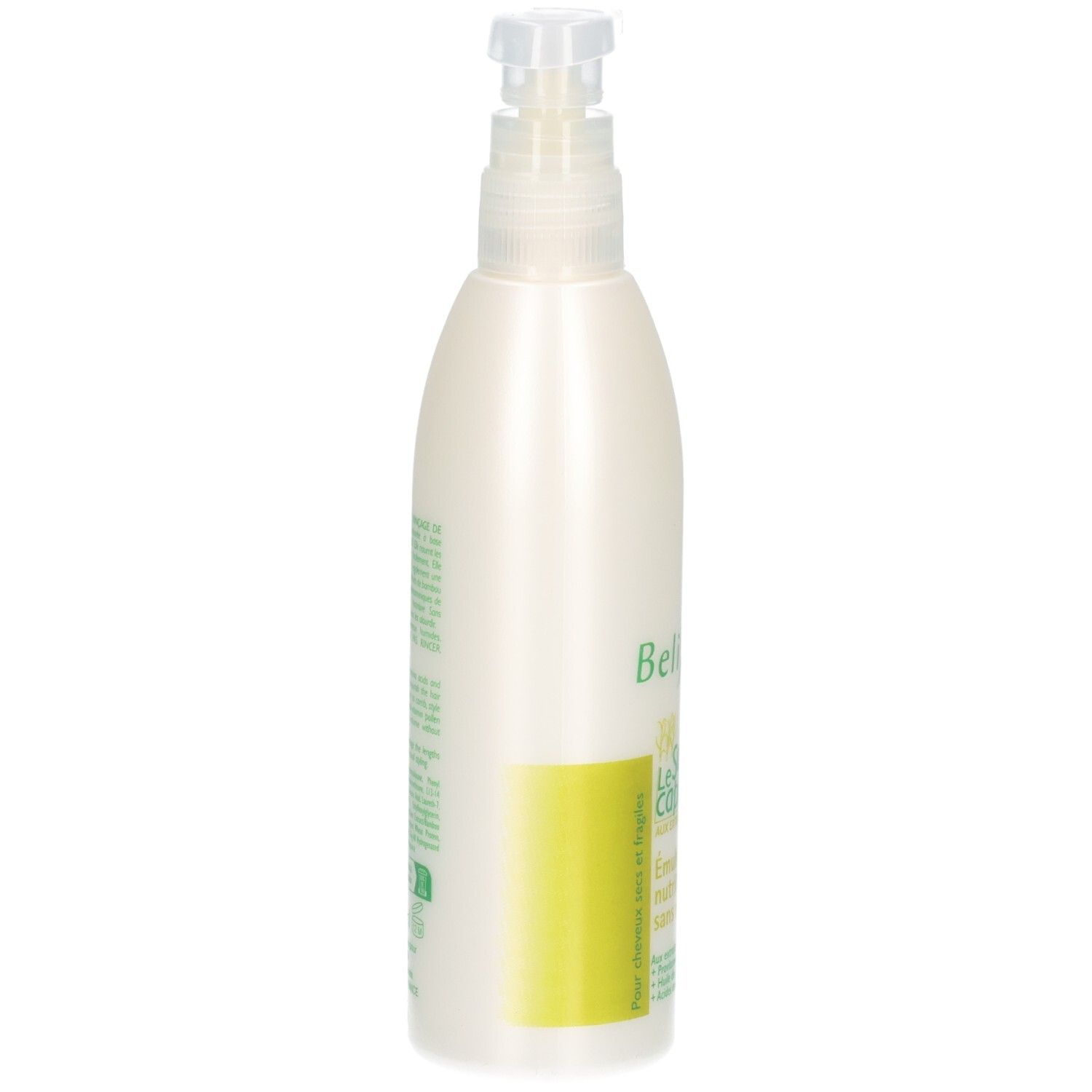 Vue latérale d'un flacon pompe blanc avec informations produit.