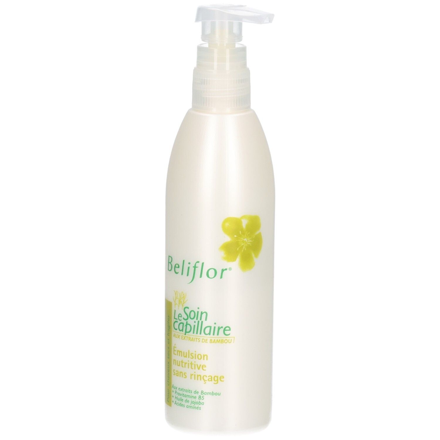 Flacon pompe blanc avec logo Beliflor et mention extrait de bambou.