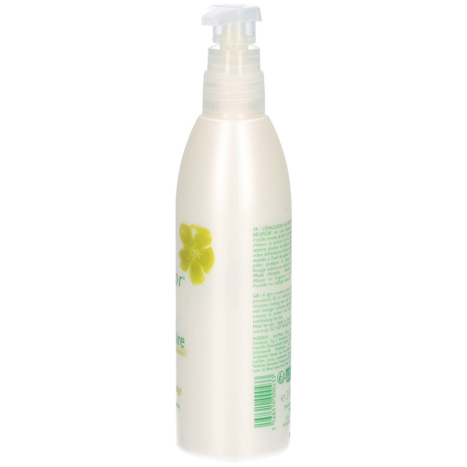 Vue latérale d'un flacon pompe blanc avec informations produit.