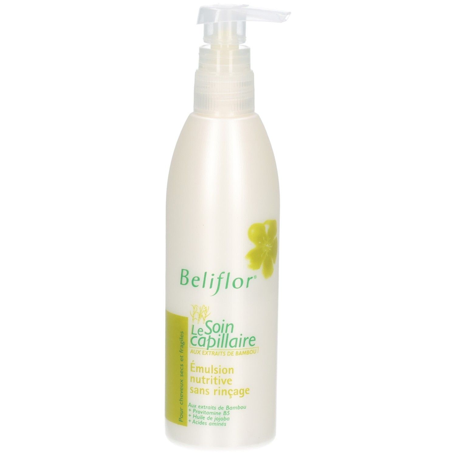 Flacon pompe blanc avec logo Beliflor et mention extrait de bambou.