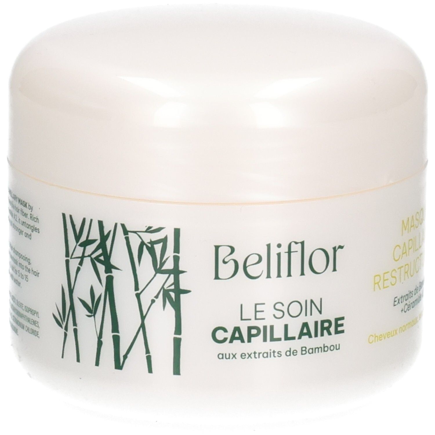 Pot blanc de masque capillaire avec motif bambou et informations produit.