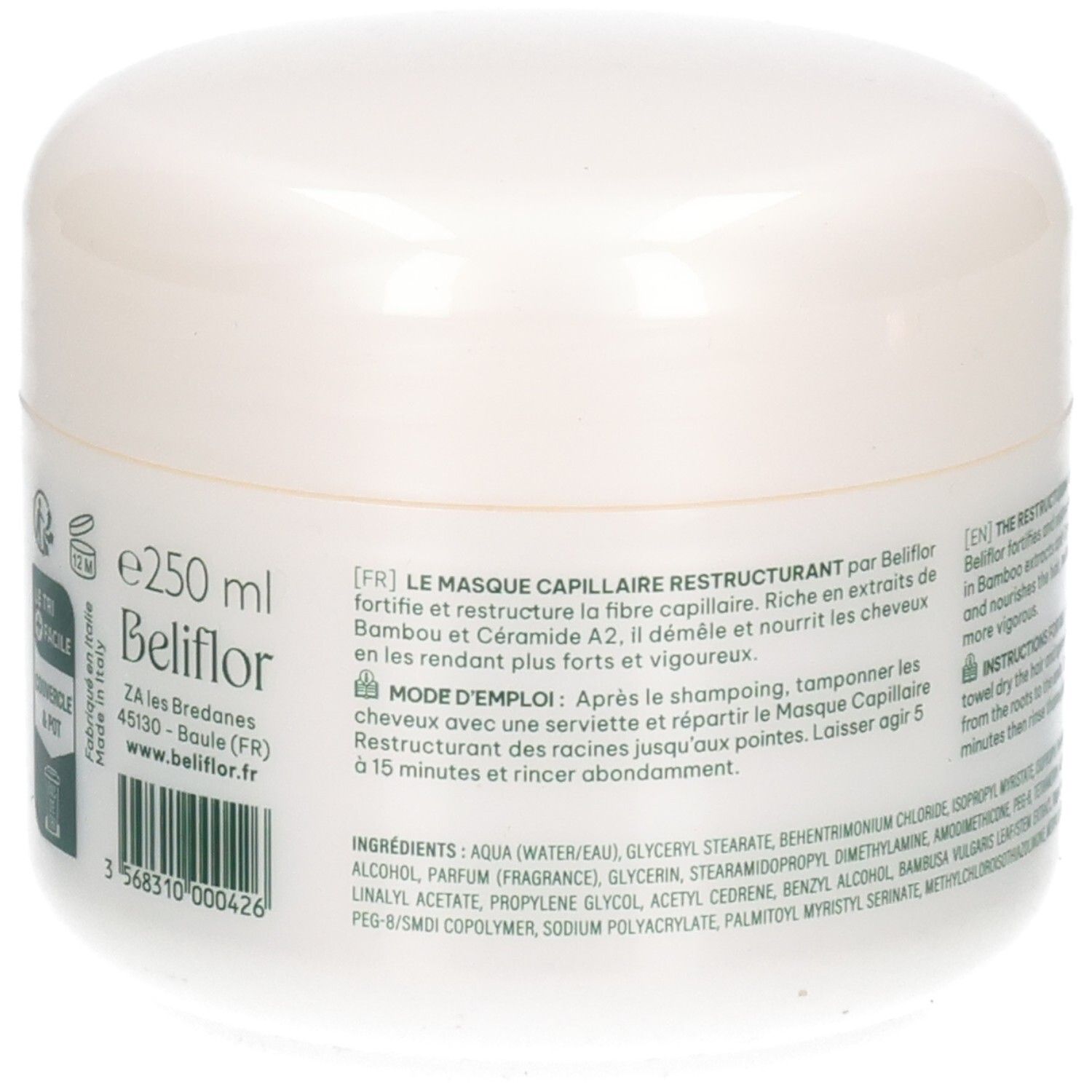 Côté d'un pot blanc de masque capillaire indiquant 250 ml et informations fabricant.