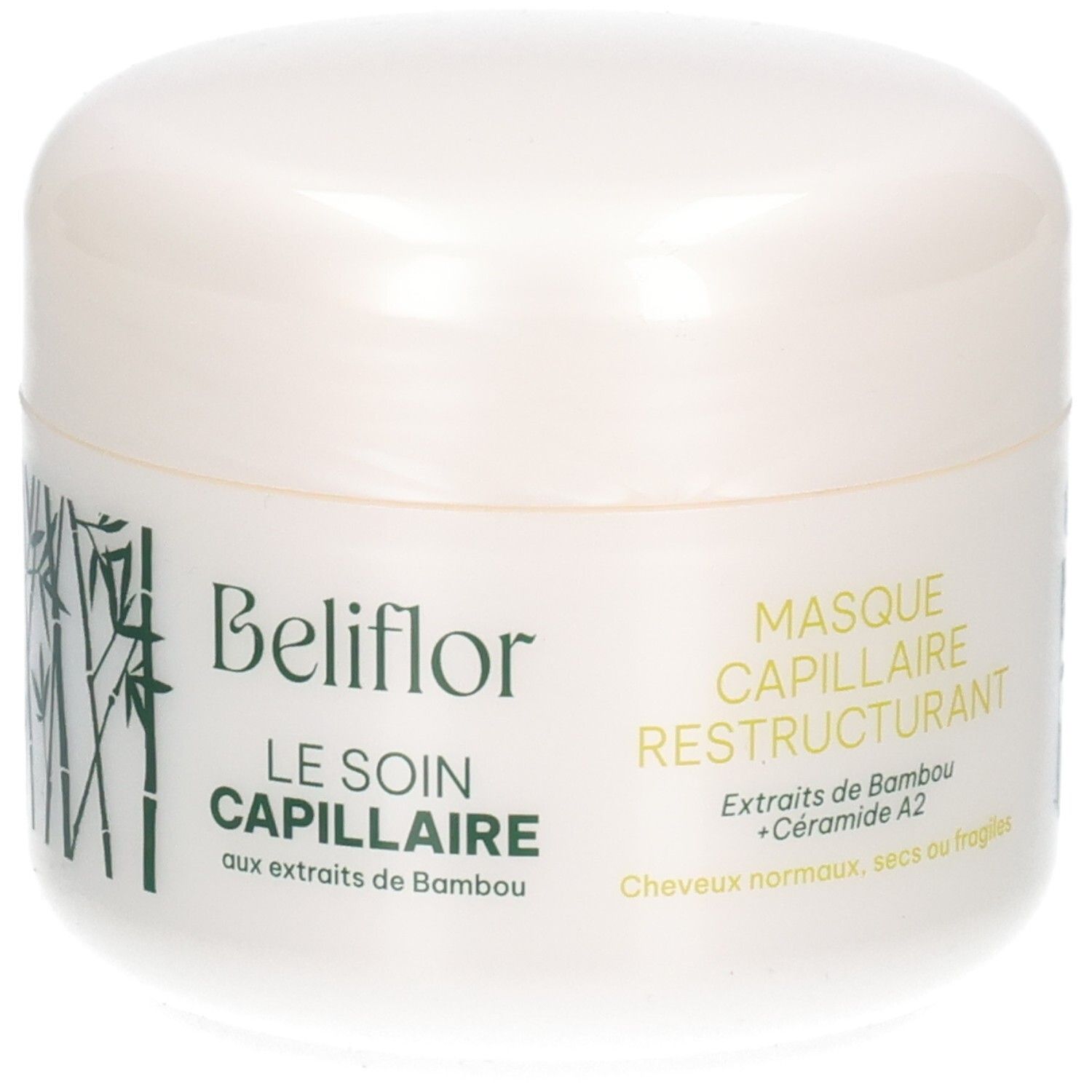 Pot blanc de masque capillaire avec motif bambou, nom du produit et indications.