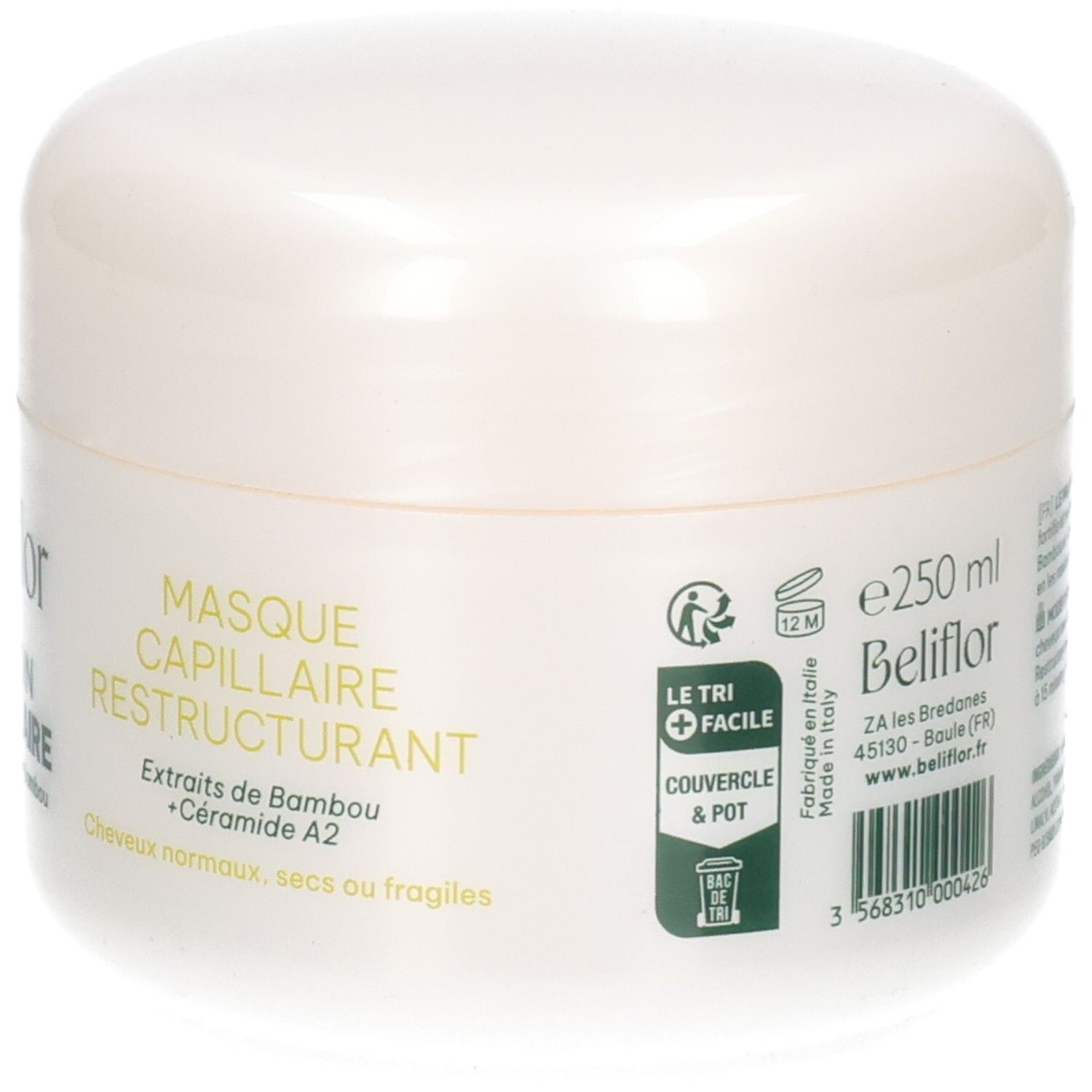 Pot blanc de masque capillaire avec nom du produit, 250 ml et symboles de recyclage.