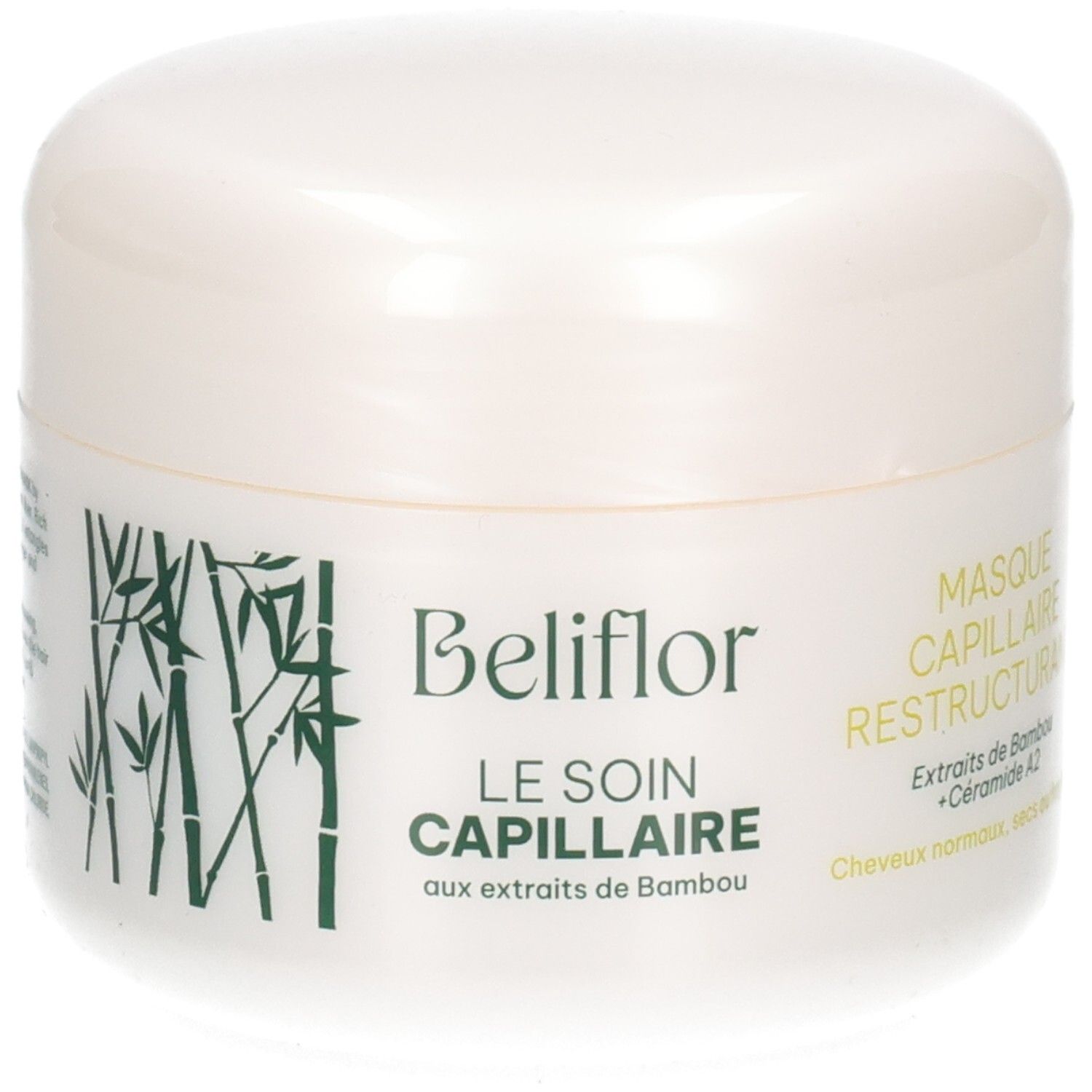 Pot blanc de masque capillaire avec motif bambou, nom du produit et indications.