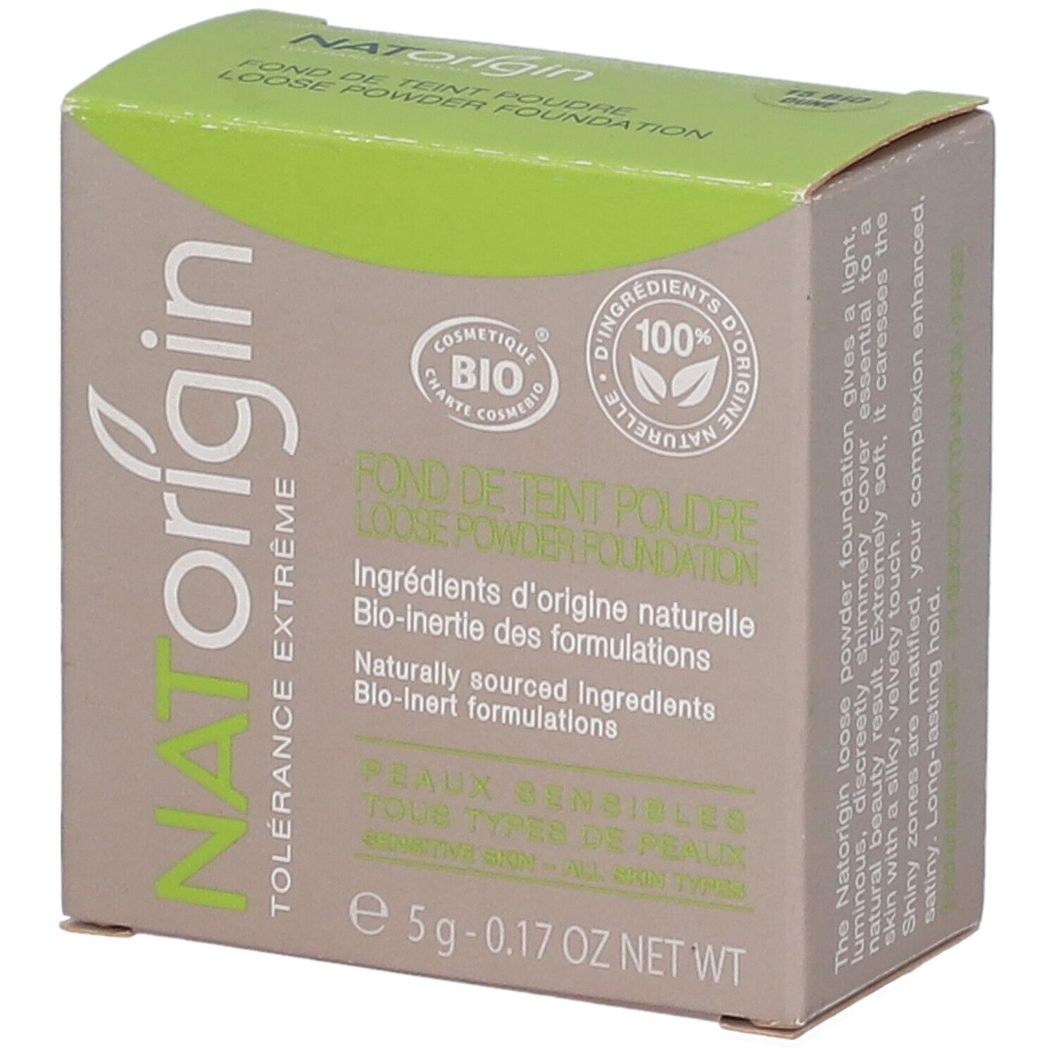 Boîte en carton avec informations produit. Inscriptions: NATorigin, certification BIO, 100% ingrédients naturels.