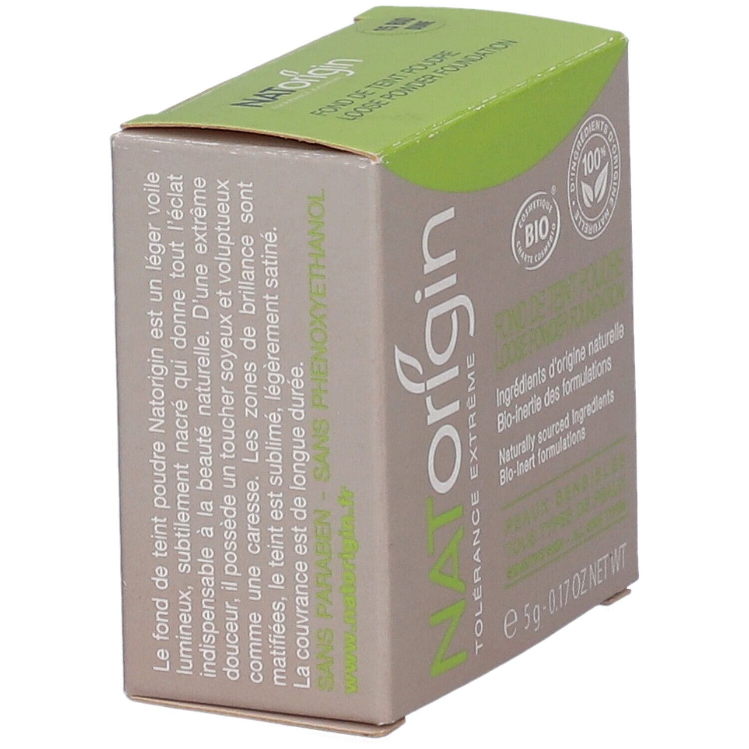 Boîte en carton, en biais. Inscription: NATorigin, texte en français. Sans phénoxyéthanol. Certification BIO.