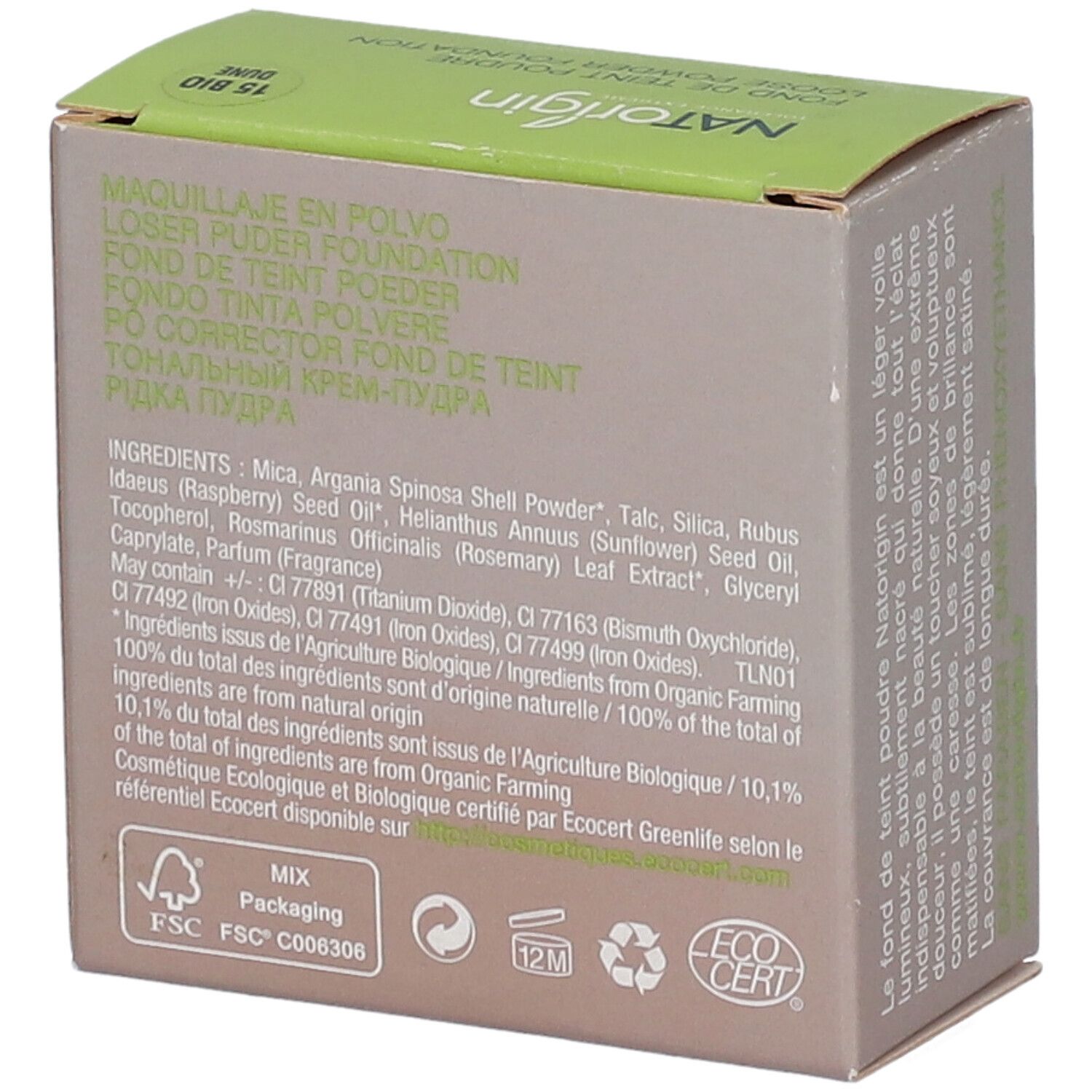 Dos de la boîte en carton. Liste des ingrédients, logo FSC, certification EcoCert, symbole 12M.