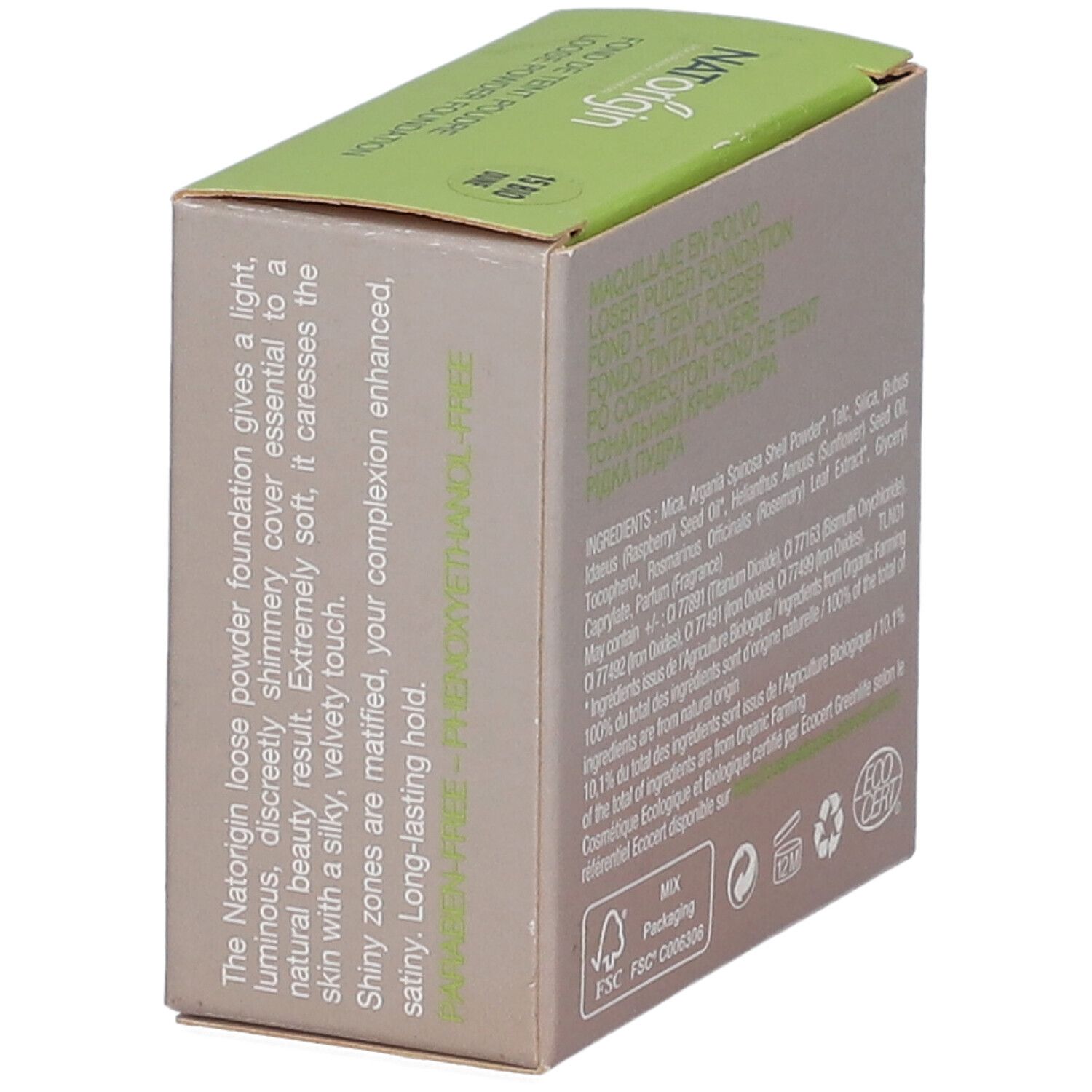 Boîte en carton, en biais. Texte en français. Sans phénoxyéthanol. Certification EcoCert.
