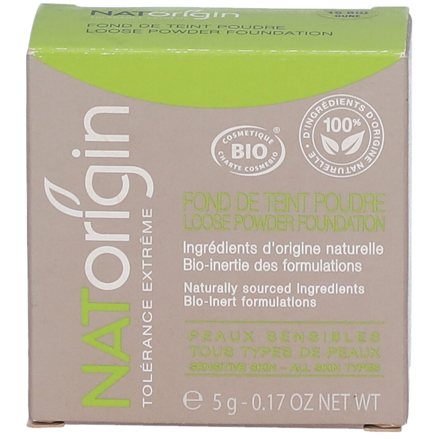 Boîte en carton. Inscriptions: NATorigin, certification BIO, 100% ingrédients naturels. Peaux sensibles.