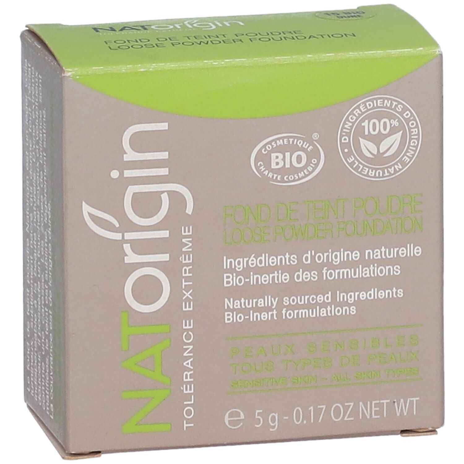 Boîte en carton. Inscriptions: NATorigin, certification BIO, 100% ingrédients naturels. Peaux sensibles.