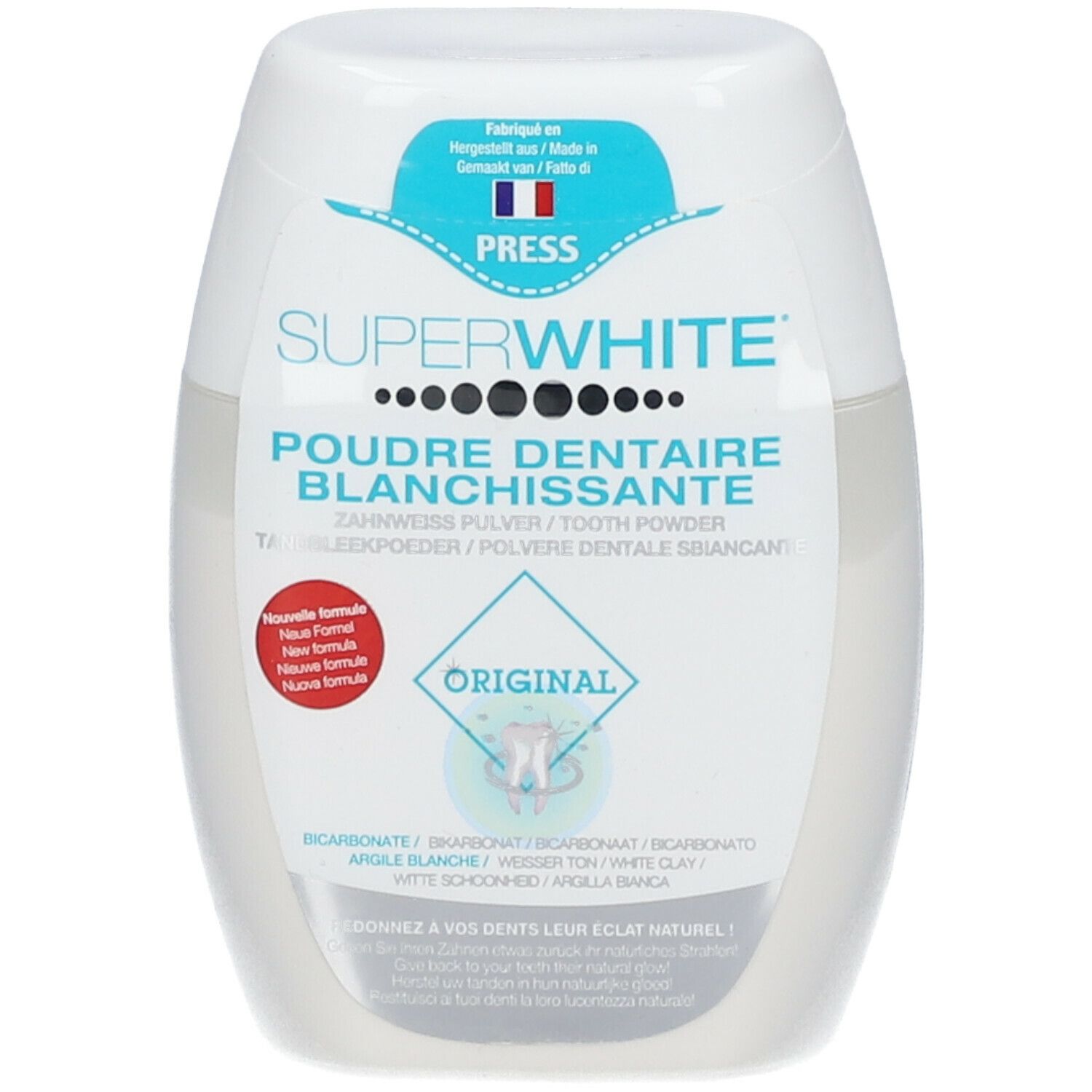 Flacon ovale de poudre dentaire blanche. Inscription : SUPERWHITE, POUDRE DENTAIRE BLANCHISSANTE, ORIGINAL.