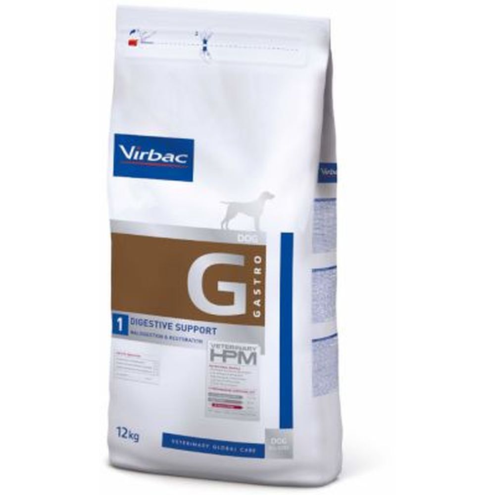 Sac de nourriture pour chien. Logo Virbac. Texte "Gastro" et "Digestive Support". Indication 12kg. Blanc, marron et bleu.