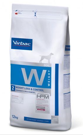 Sac blanc avec accents bleus. Inscription: Virbac, W, Weight Loss & Control, HPM. 12kg. Image d'un chien.