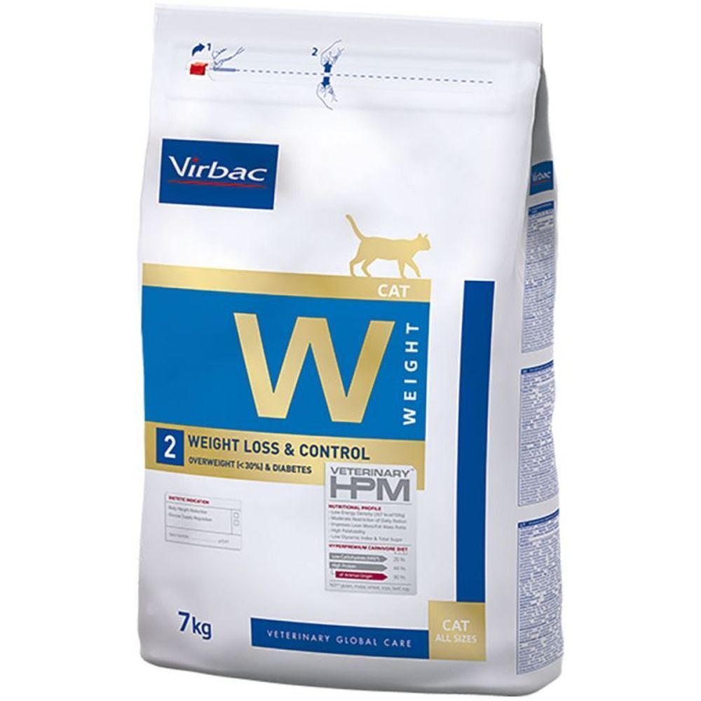 Sac de nourriture pour chats. Inscription : Virbac, W Weight, 2 Weight Loss & Control, 7 kg. Pour chats en surpoids et diabétiques.