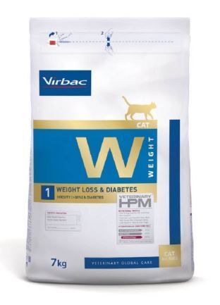 Sac de nourriture pour chats. Inscriptions: Virbac, CAT WEIGHT 1, contrôle du poids et diabète. 7 kg.