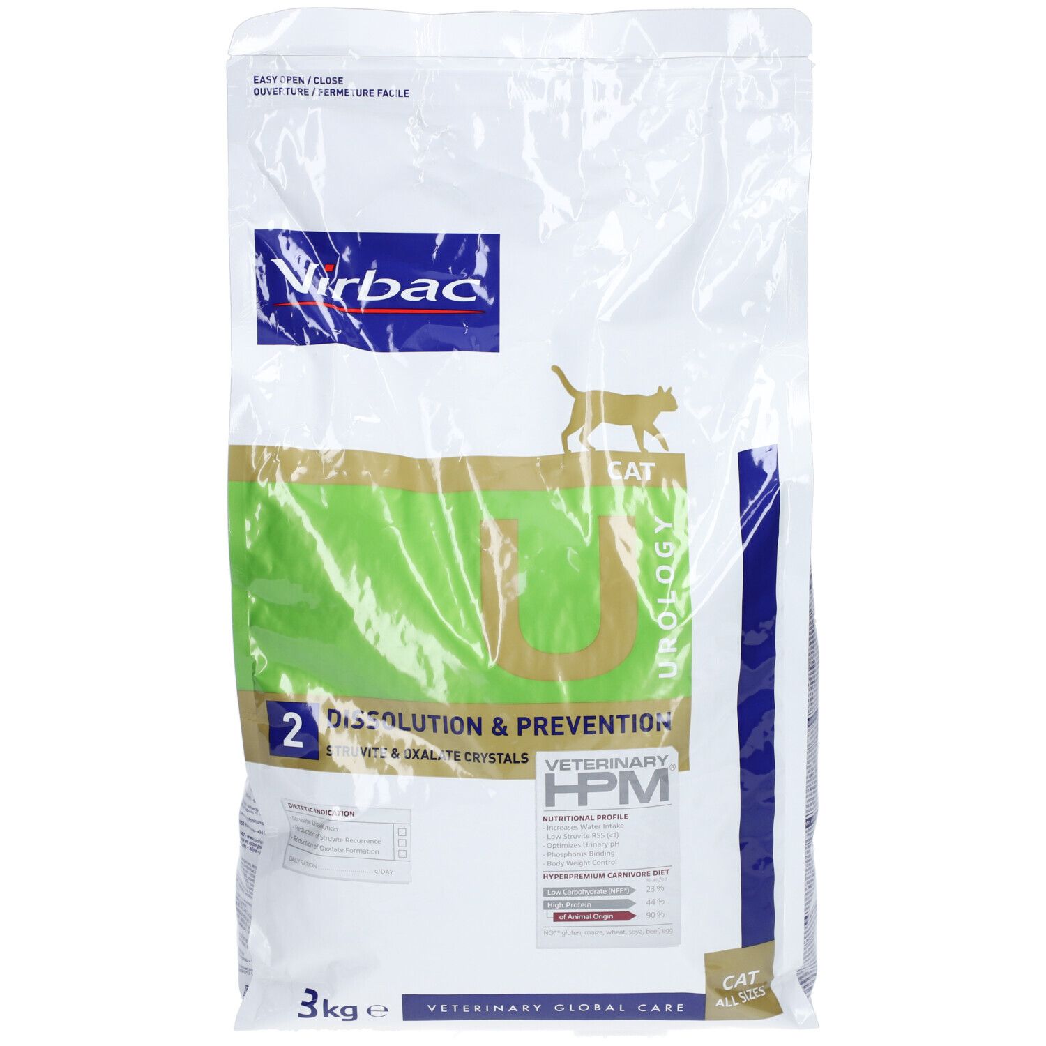 Sac de nourriture pour animaux Virbac. Inscription : 2, Dissolution & Prévention, 3 kg. Logo : chat. HPM Vétérinaire. Emballage transparent.