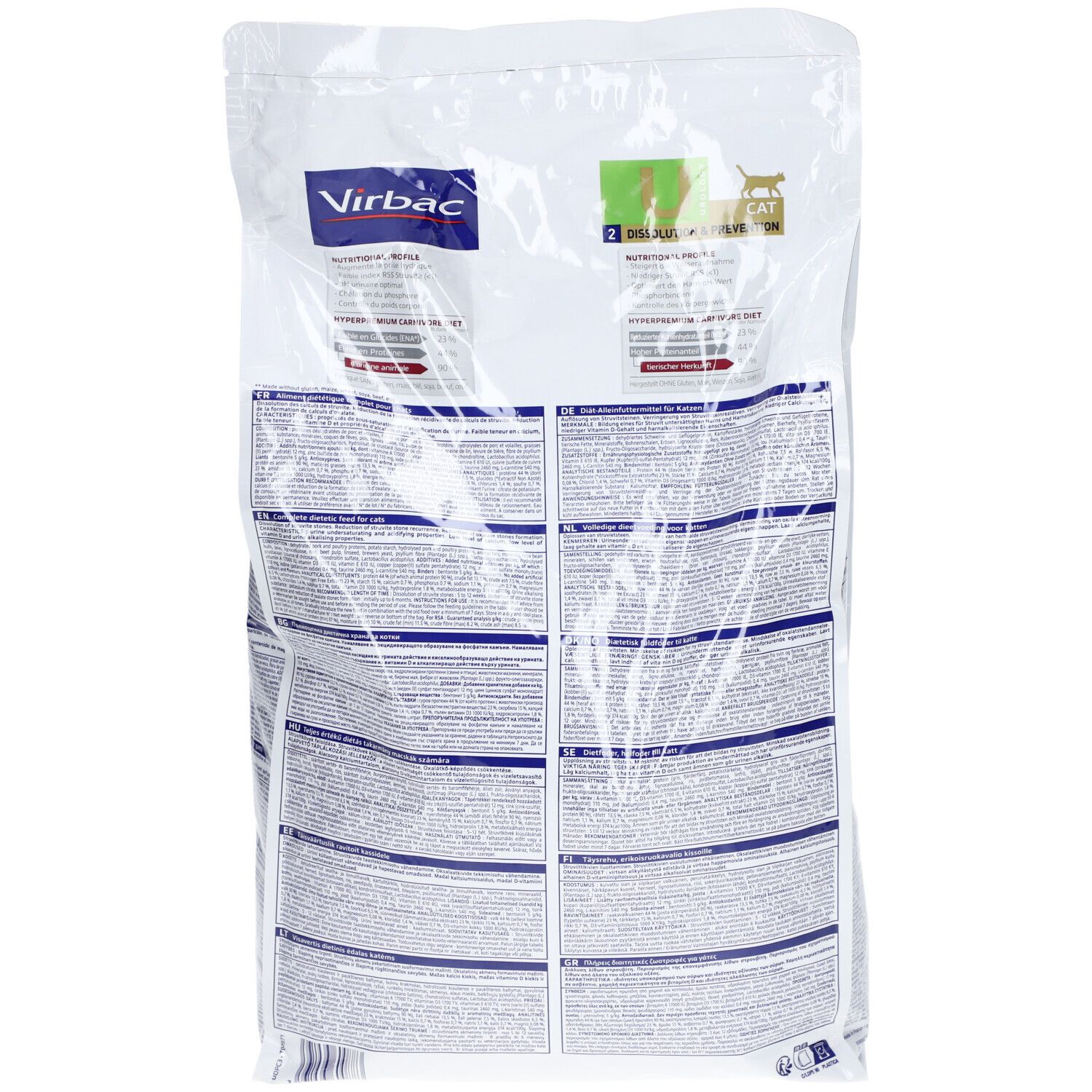 Dos du sac de nourriture pour animaux Virbac. Texte en plusieurs langues. Logo : chat. HPM Vétérinaire. Emballage transparent.