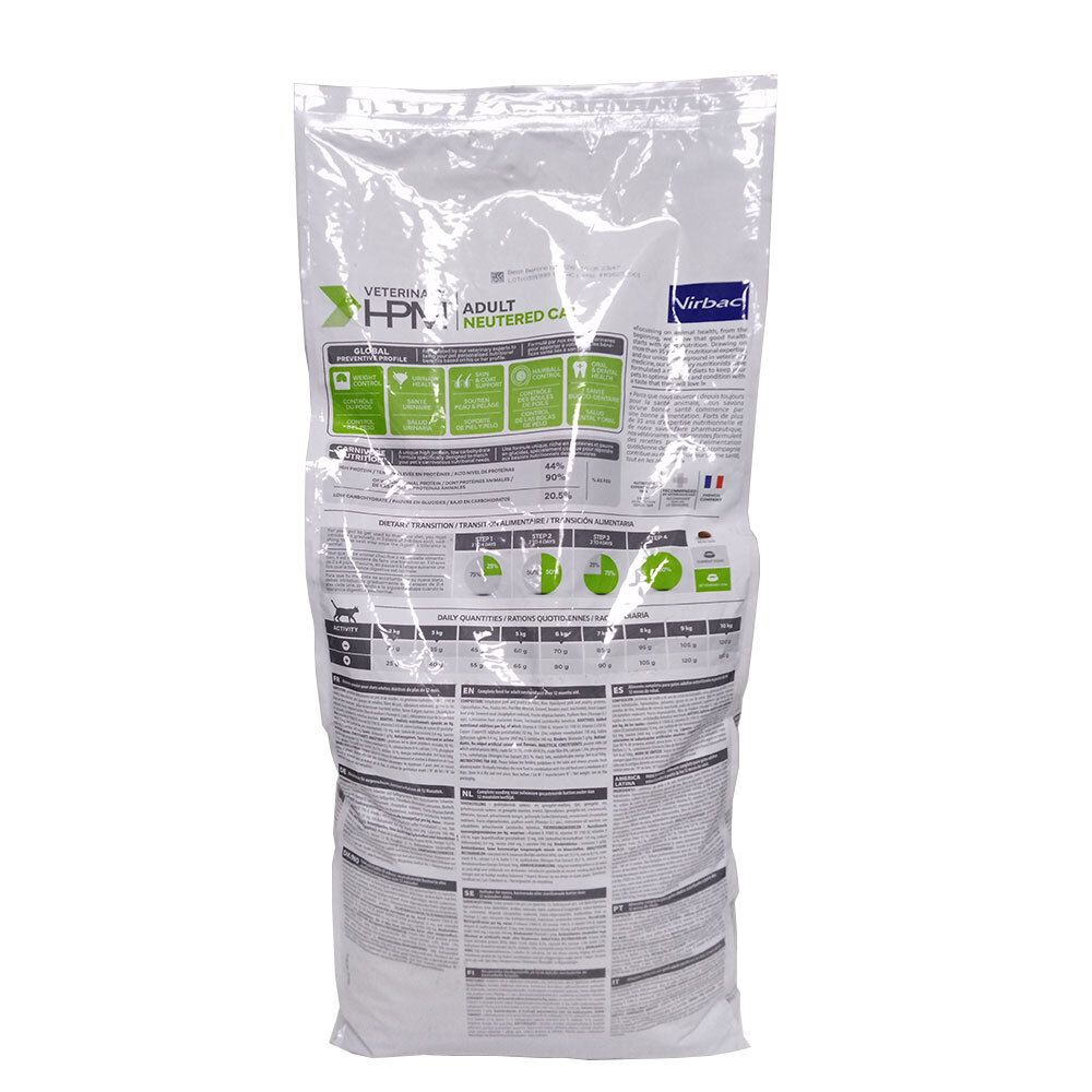 Dos du sac de VETERINARY HPM CAT ADULT NEUTERED. Texte et graphiques avec informations produit.
