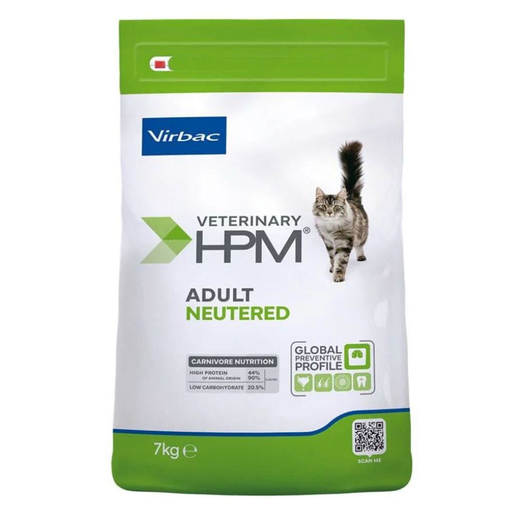 Sac de nourriture pour chats. Inscription: VETERINARY HPM, ADULT NEUTERED. Image d'un chat. Emballage vert et blanc.