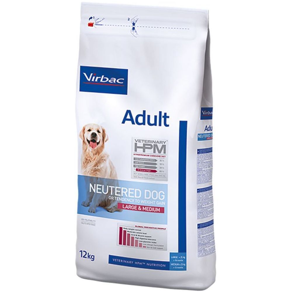 Sac de nourriture pour chien avec nom et logo du produit. Inscription : Adult, Neutered Dog, Large & Medium. Marque : Virbac.