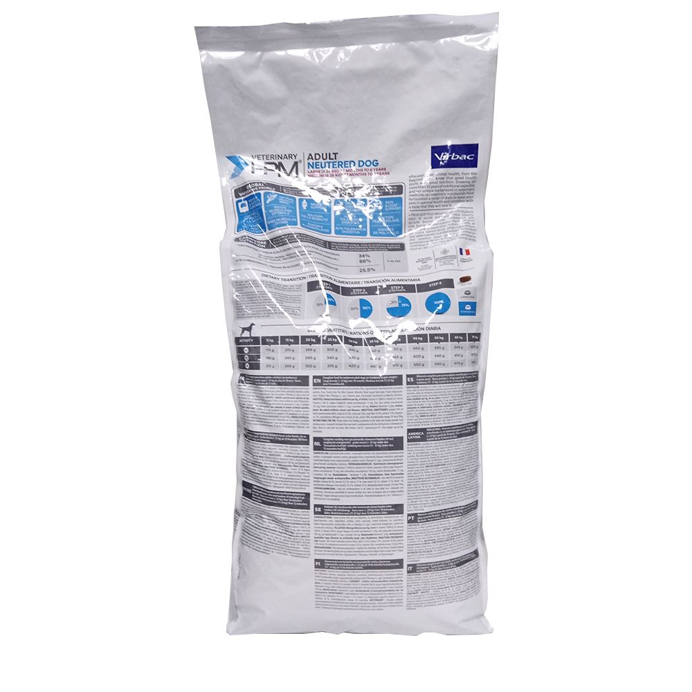 Dos du sac de nourriture pour chien. Texte et graphiques. Informations sur le produit.