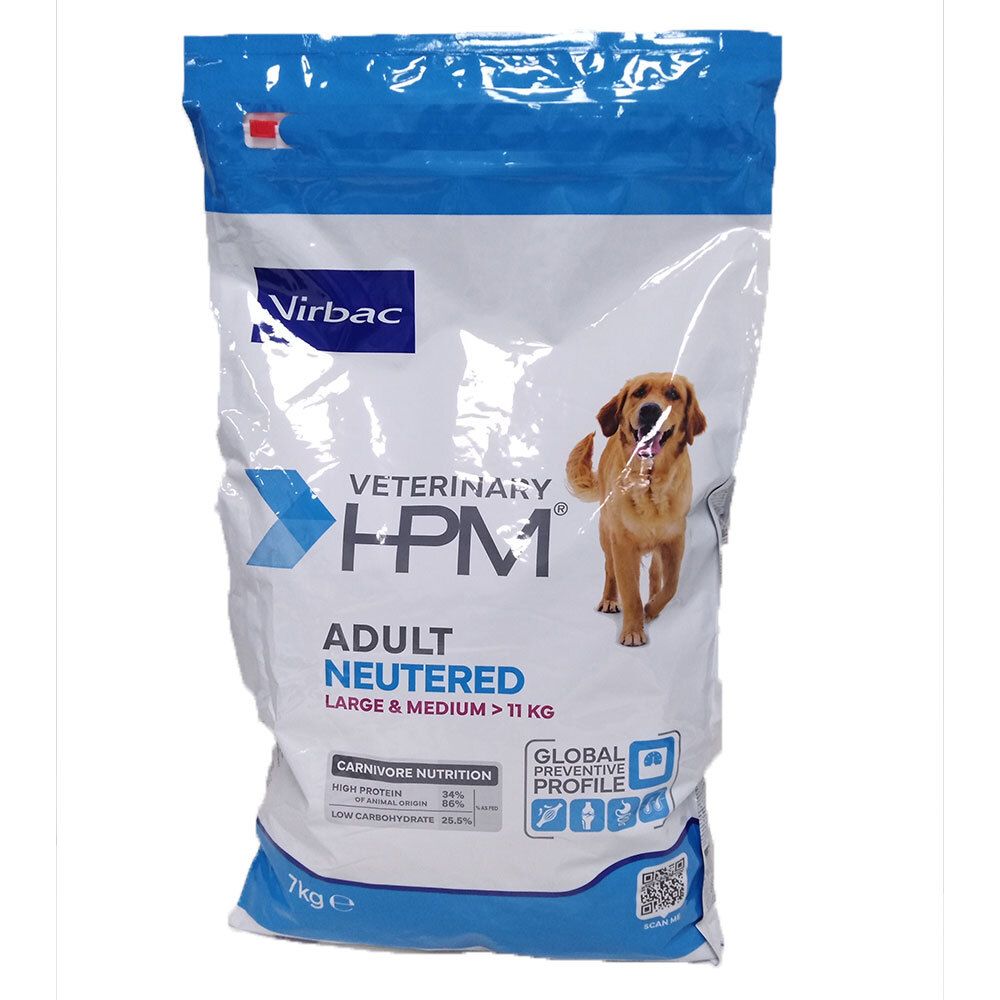 Sac de nourriture pour chiens avec logo Virbac et nom du produit. Inscription : Adult Neutered, Large & Medium > 11 kg. Image d'un chien.