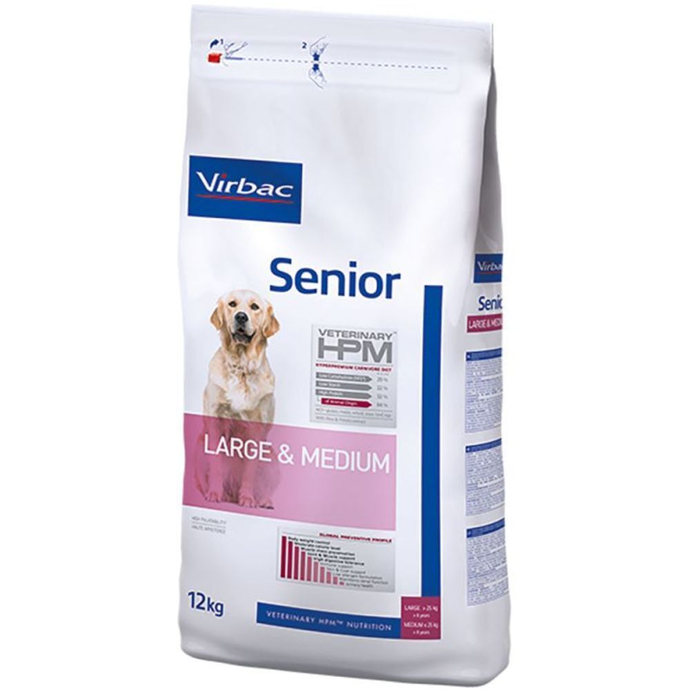 Sac de nourriture pour chiens. Marque Virbac, inscription Senior, Large & Medium. Image d'un chien. 12kg.