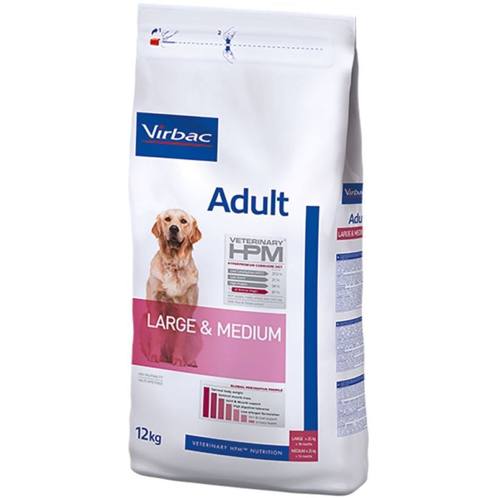 Sac de nourriture pour chien Virbac Adult Large & Medium. Image d'un chien. Inscription 12kg. Logo Veterinary HPM.