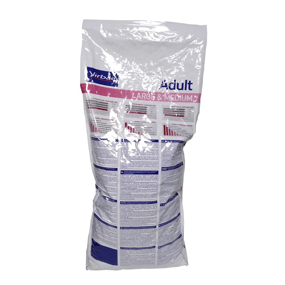 Sac transparent avec impression. Marque Virbac, nom du produit Adult, Large & Medium. Texte et graphiques.