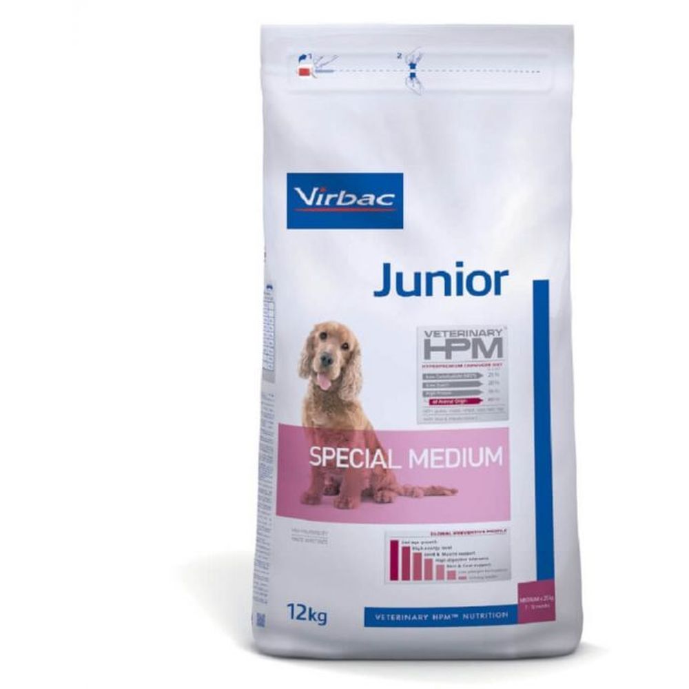 Sac de nourriture pour chiens. Marque Virbac, inscription Junior Special Medium. Image d'un chien. 12kg.