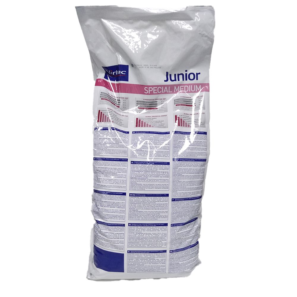 Sac transparent de nourriture pour chiens. Inscription Junior Special Medium. Sections de texte et graphiques.