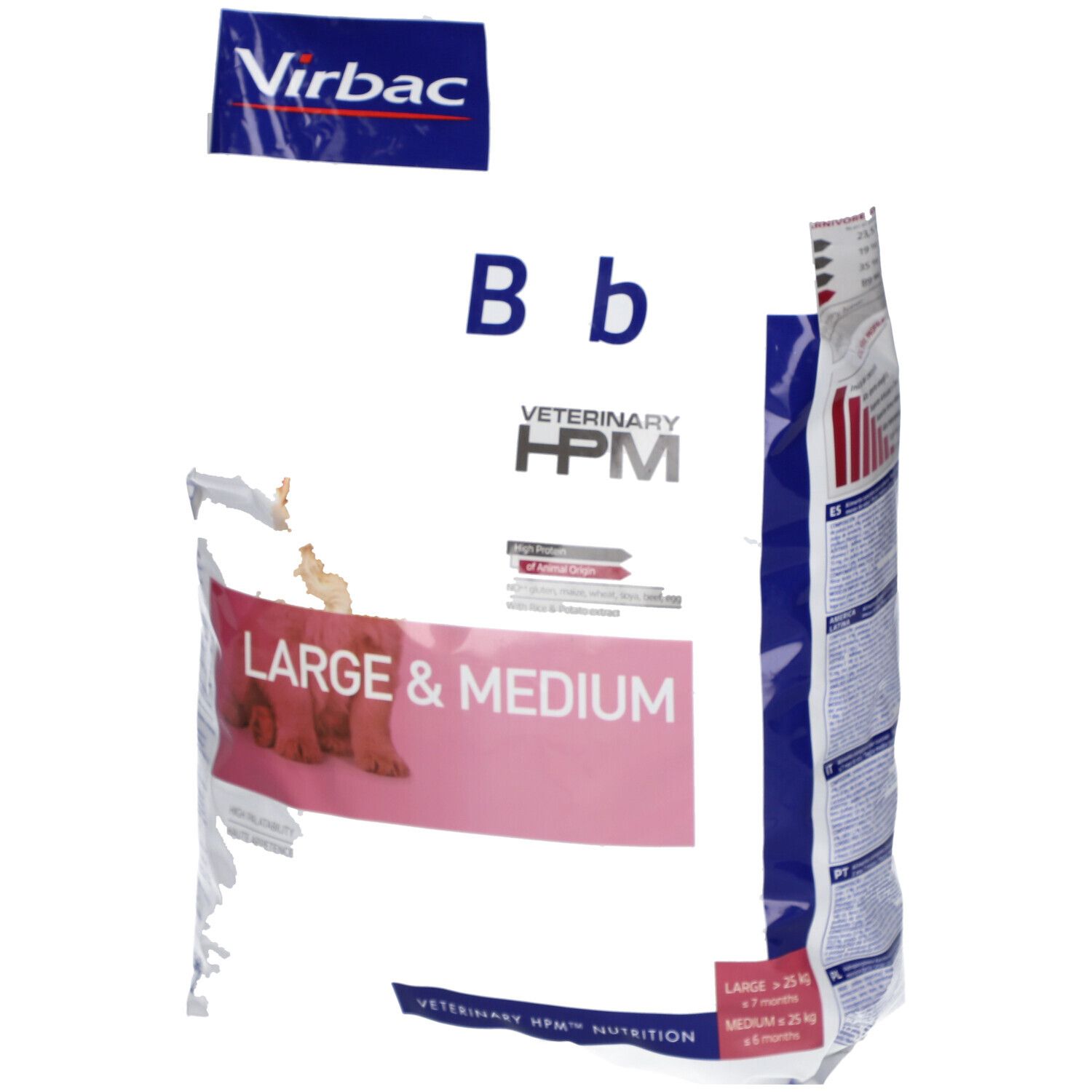 Virbac VETERINARY HPM® BABY Large & Medium Dog. Sac blanc avec accents roses et bleus. Texte: LARGE & MEDIUM, HPM, Virbac.
