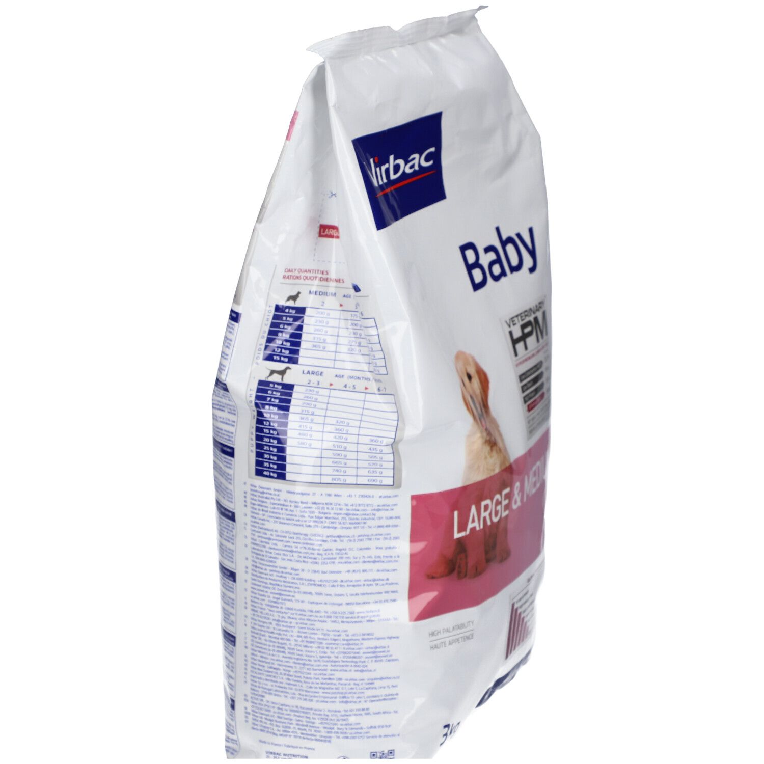 Virbac VETERINARY HPM® BABY Large & Medium Dog. Sac blanc, vue latérale. Texte: Baby, LARGE & MEDIUM, HPM. Image d'un chiot.